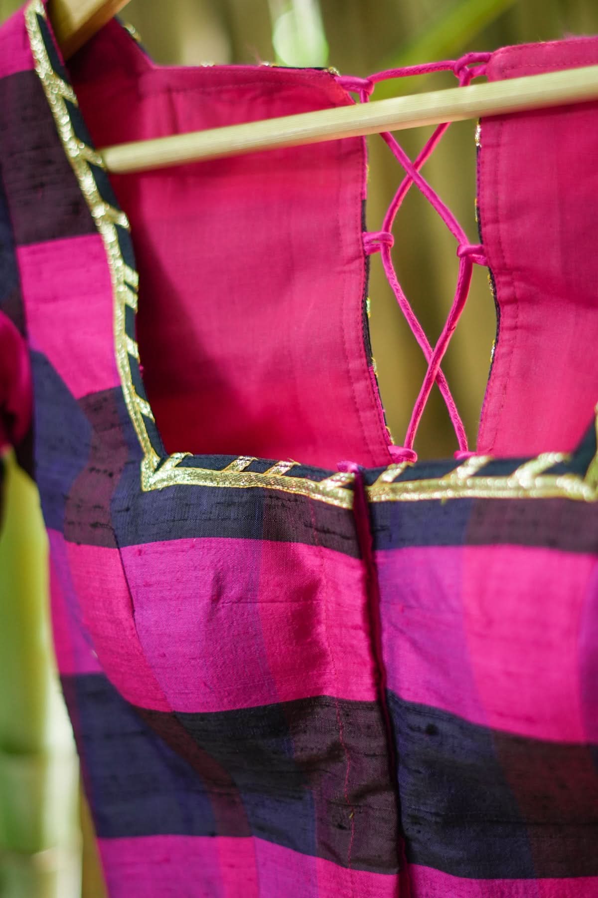 Navy blue, Pink checked Pure rawsilk with crisscross tie | Shobitam