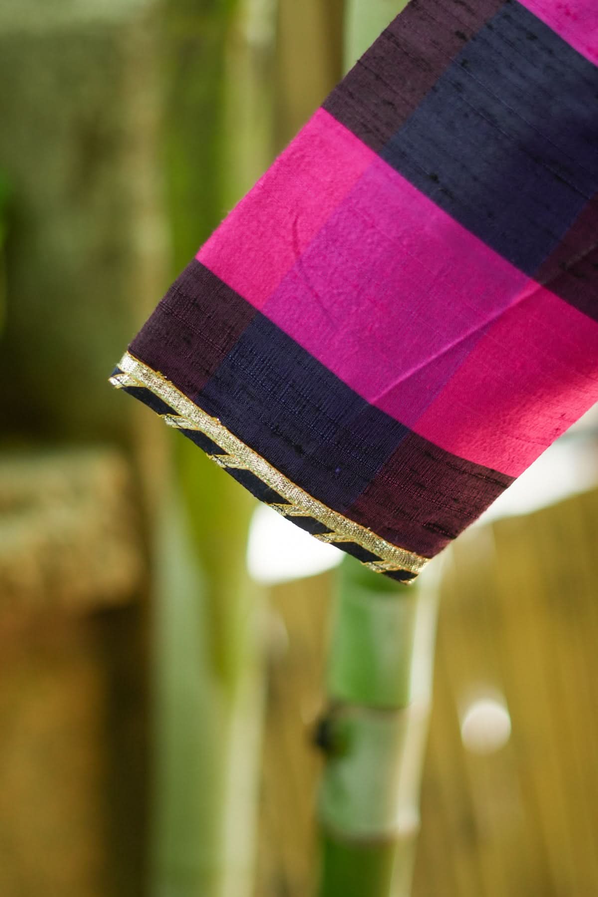 Navy blue, Pink checked Pure rawsilk with crisscross tie | Shobitam