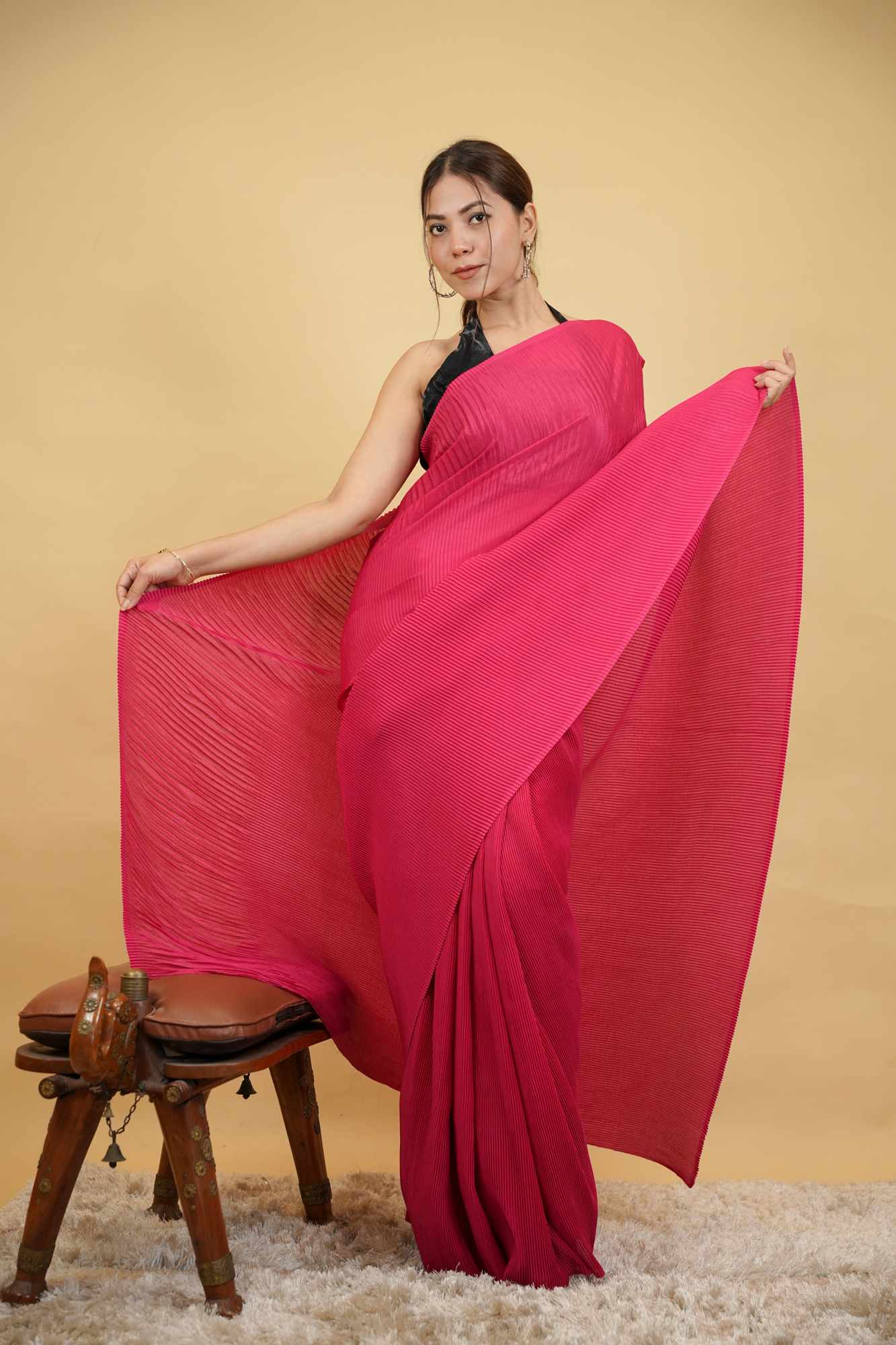 crinkle pleated semi silk Ready To Wear Saree