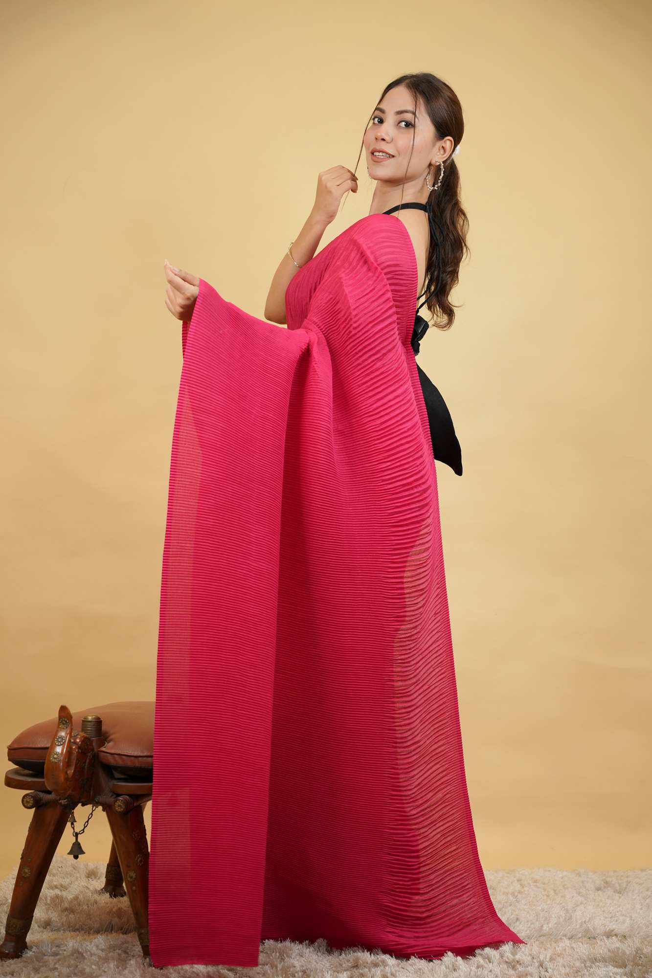 parineeti crushed/ crinkle pleated semi silk Ready To Wear Saree