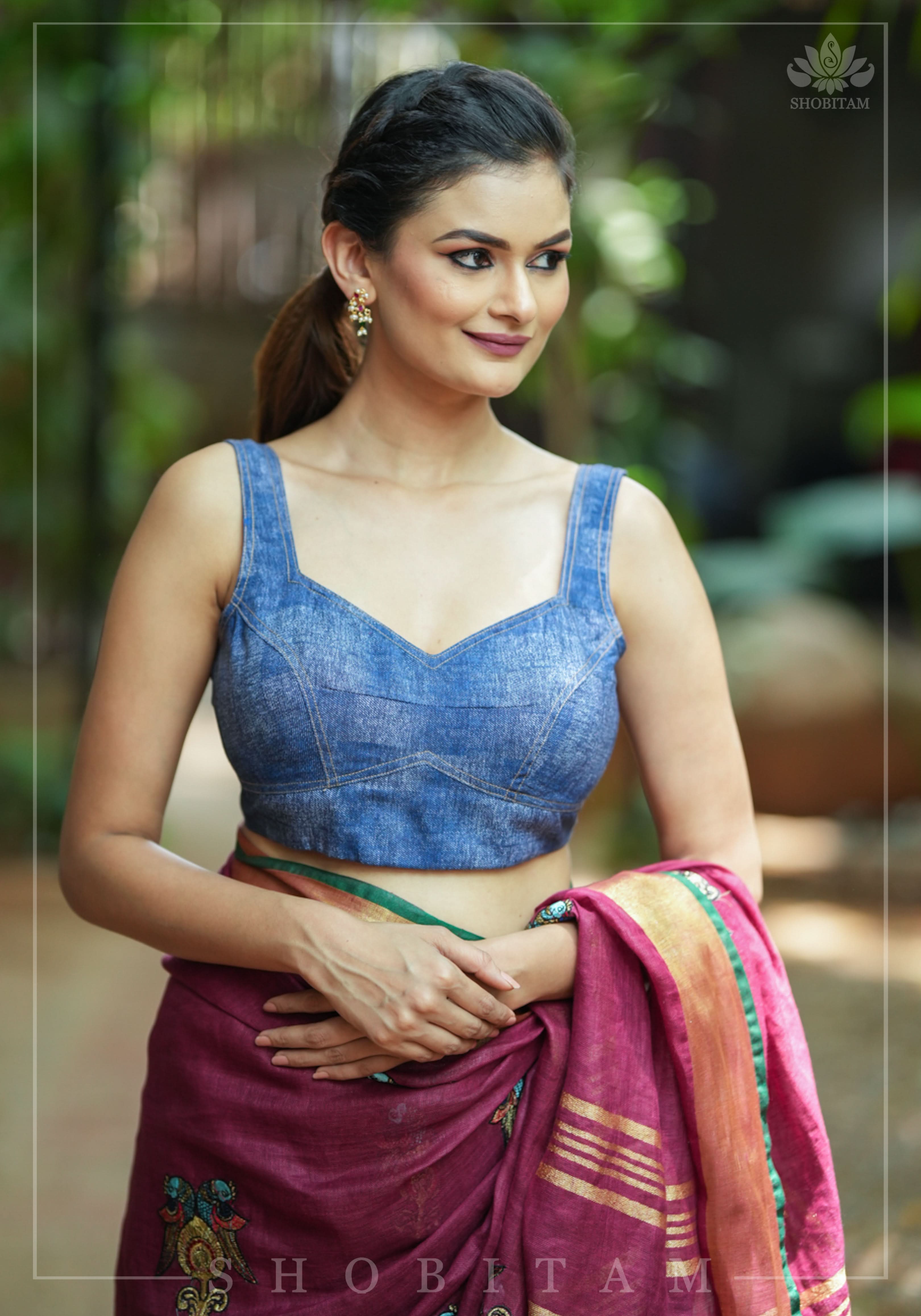 Denim Cotton Sleeveless Blouse for Saree with top stitch and button detailing | Shobitam