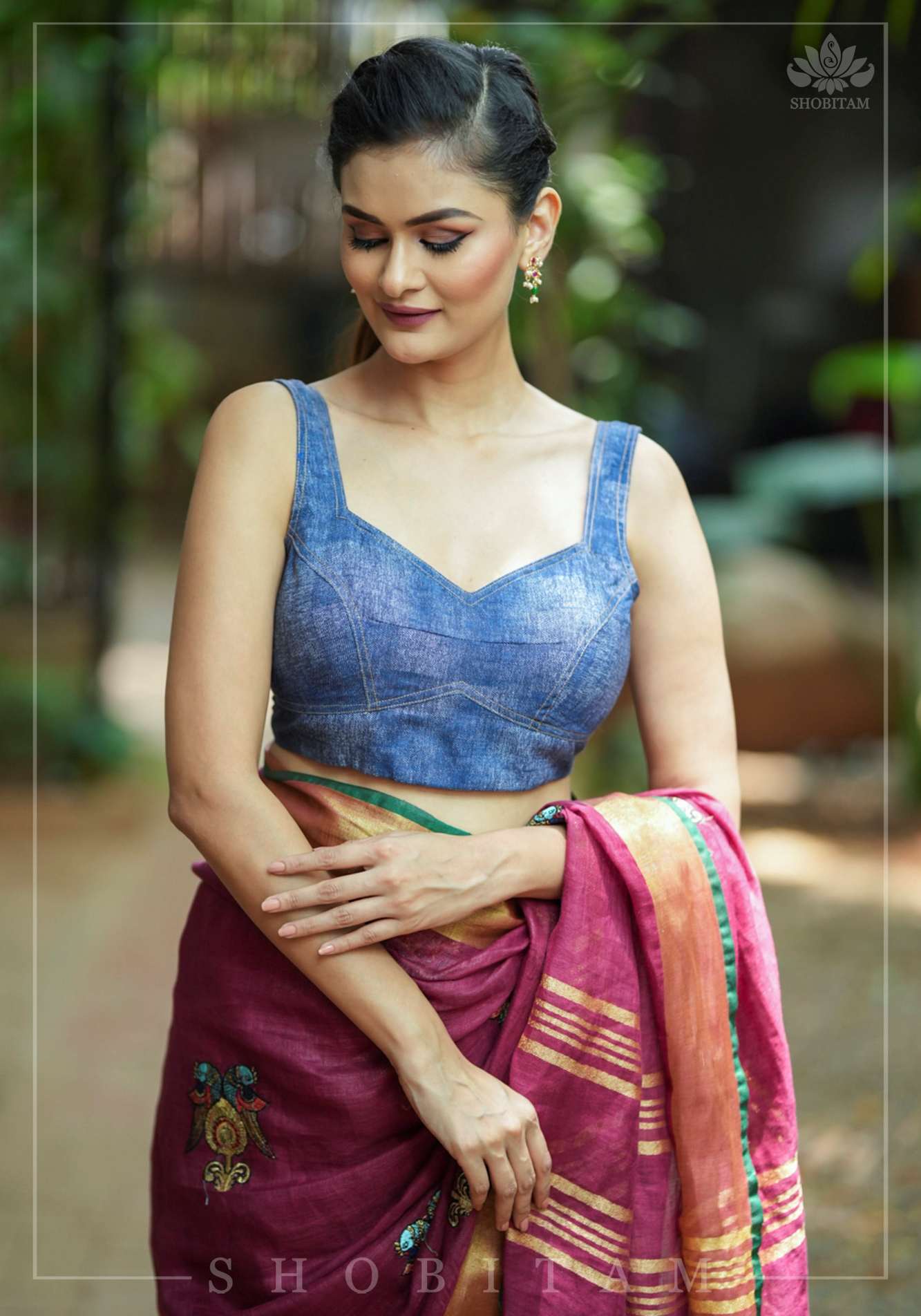 Denim Cotton Sleeveless Blouse for Saree with top stitch and button detailing