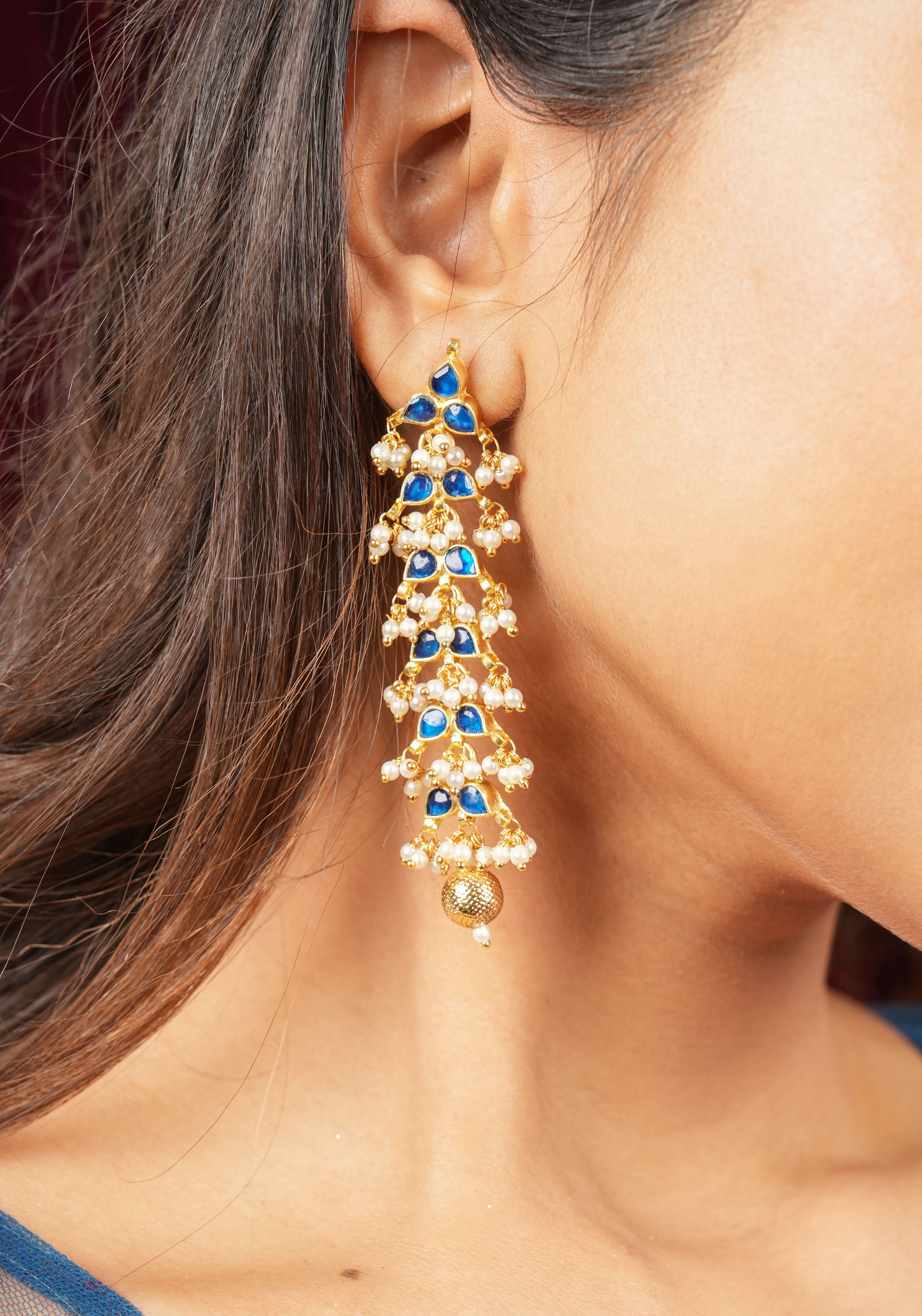 3 Inch Jadau Earrings in Tiered Leaf design with Blue Stones and dainty Pearls beads | SHOBITAM