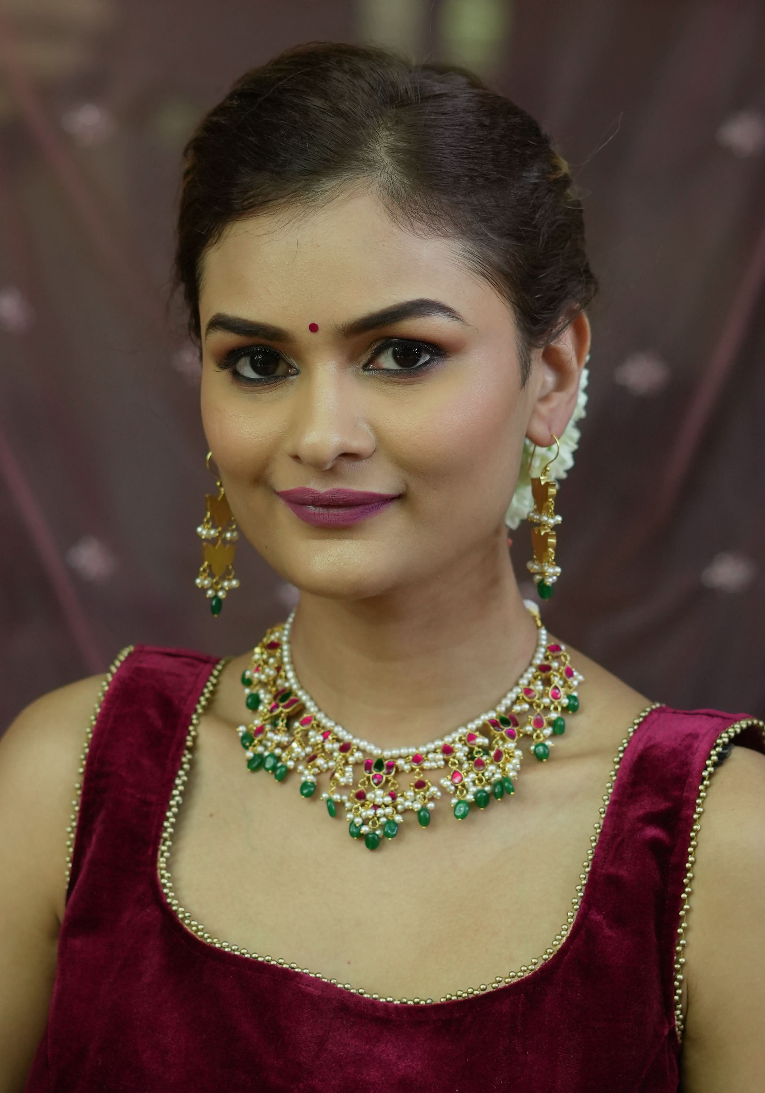 Lotus design Dense Jadau Necklace Set with Green Dangling beads | Shobitam Jewelry