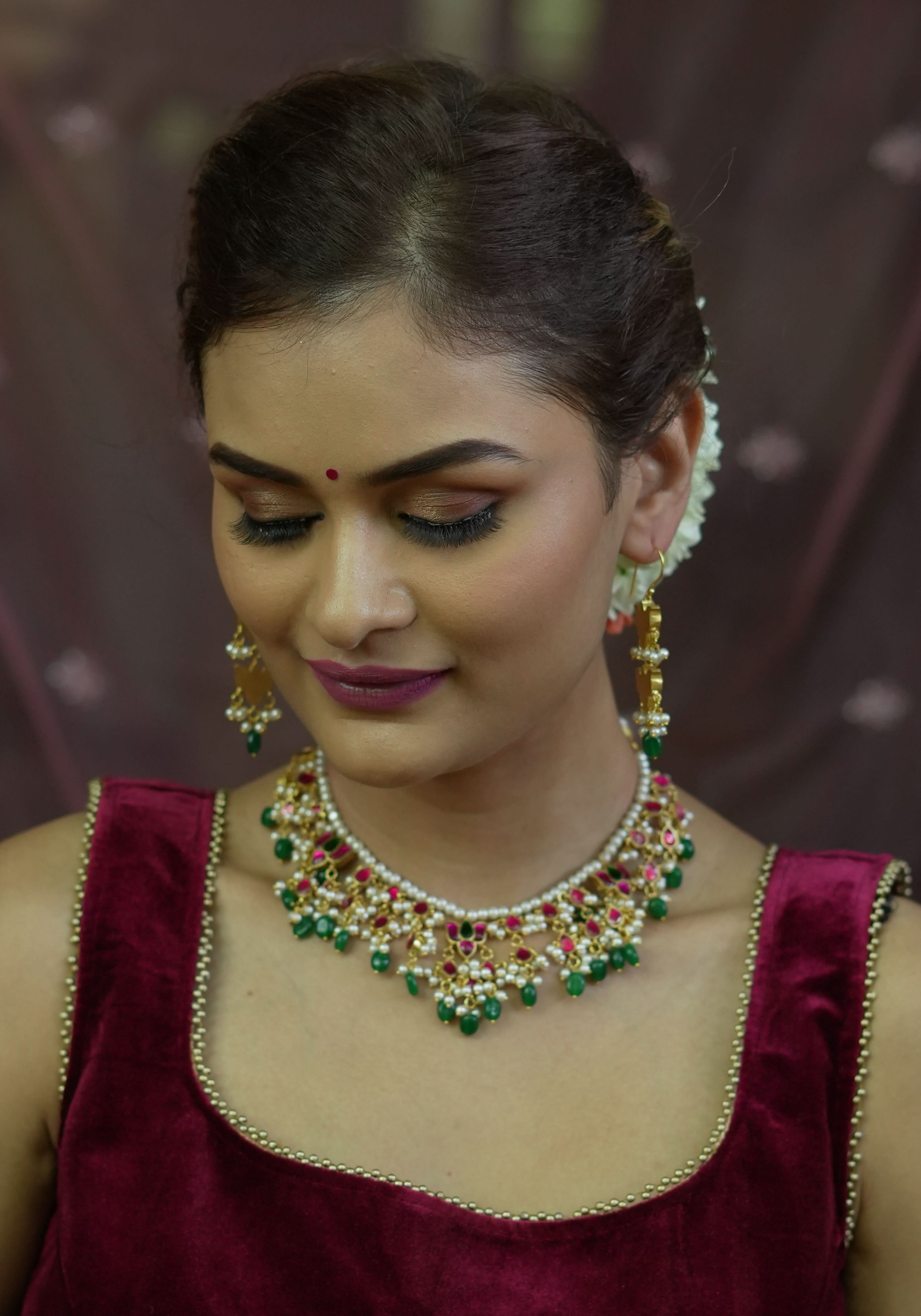 Lotus design Dense Jadau Necklace Set with Green Dangling beads | Shobitam Jewelry