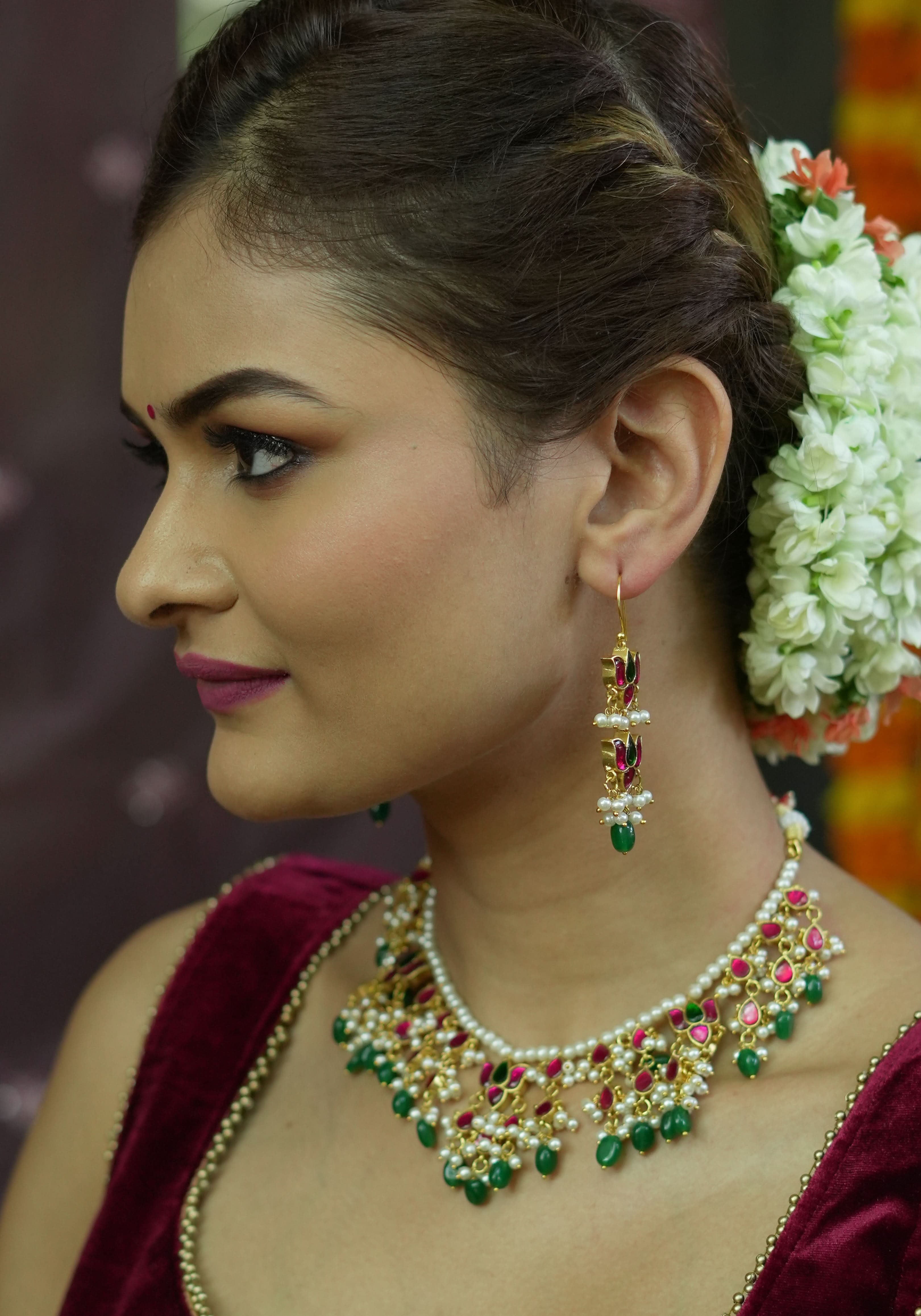 Lotus design Dense Jadau Necklace Set with Green Dangling beads | Shobitam Jewelry