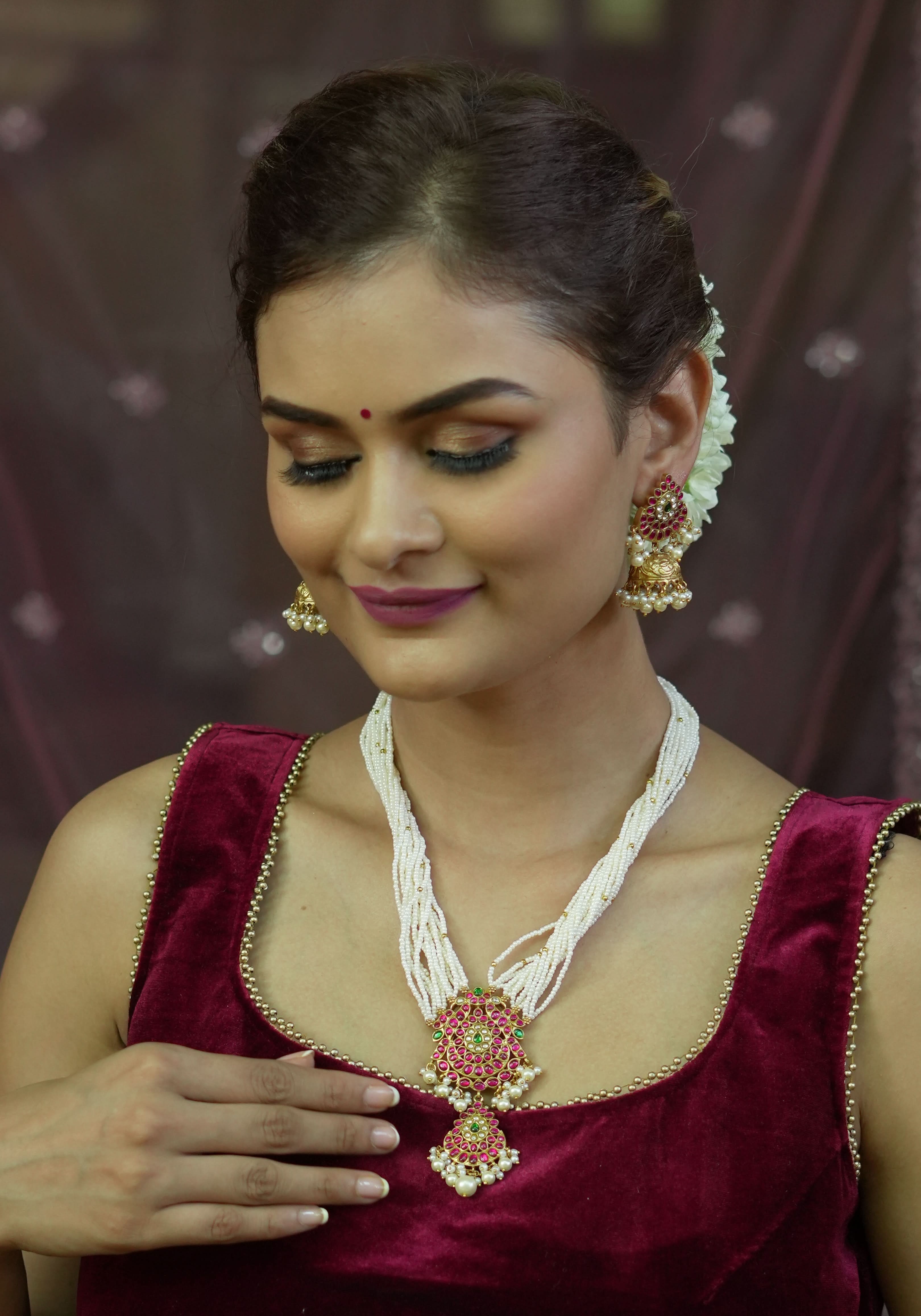 Jadau Twin Peacock Design Multistrand Choker Set with White, Green, Pink stones | Shobitam Jewelry