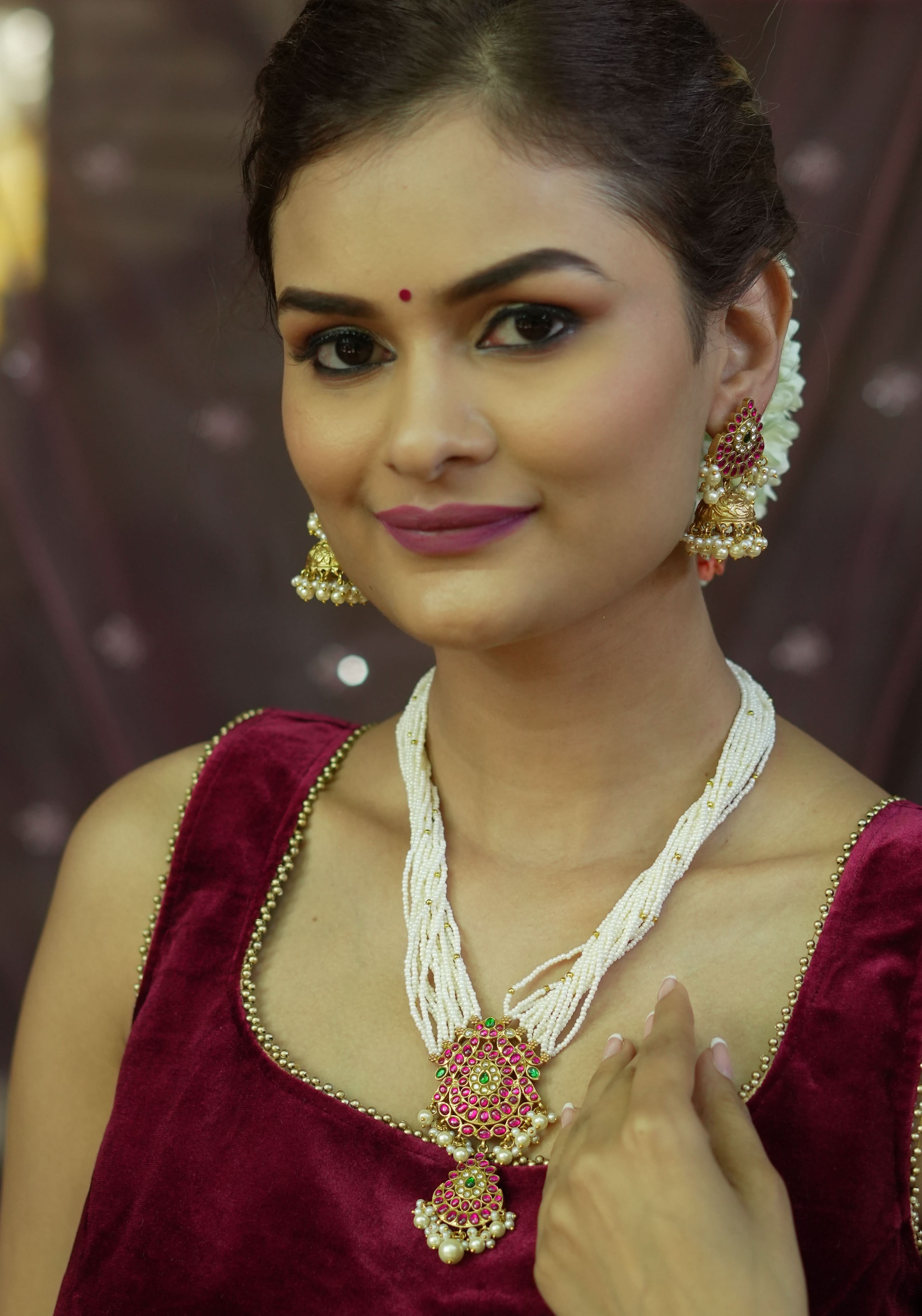 Jadau Twin Peacock Design Multistrand Choker Set with White, Green, Pink stones | Shobitam Jewelry