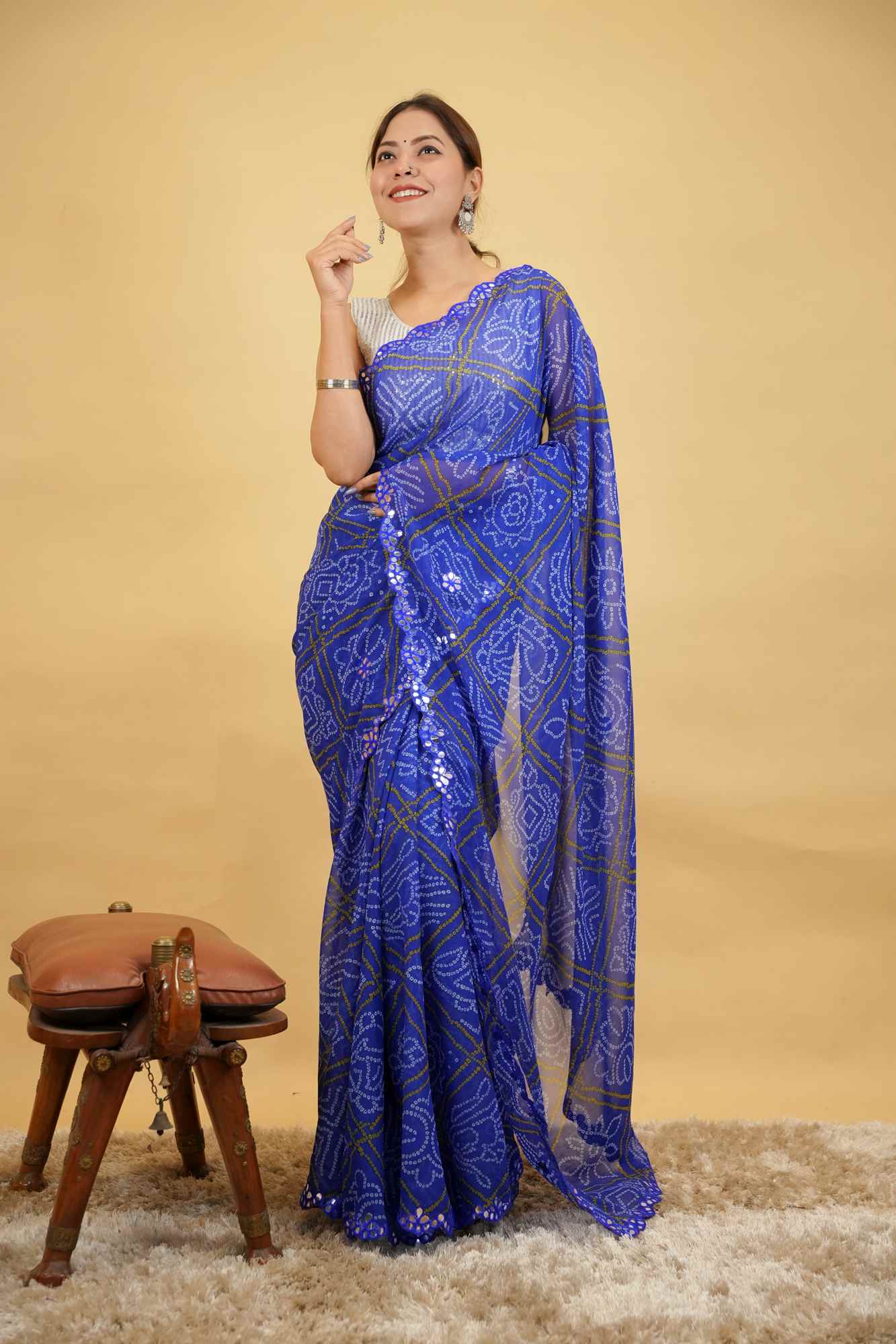 Bandhani Inspired Printed with Elegant Mirror work Border Ready to Wear Saree