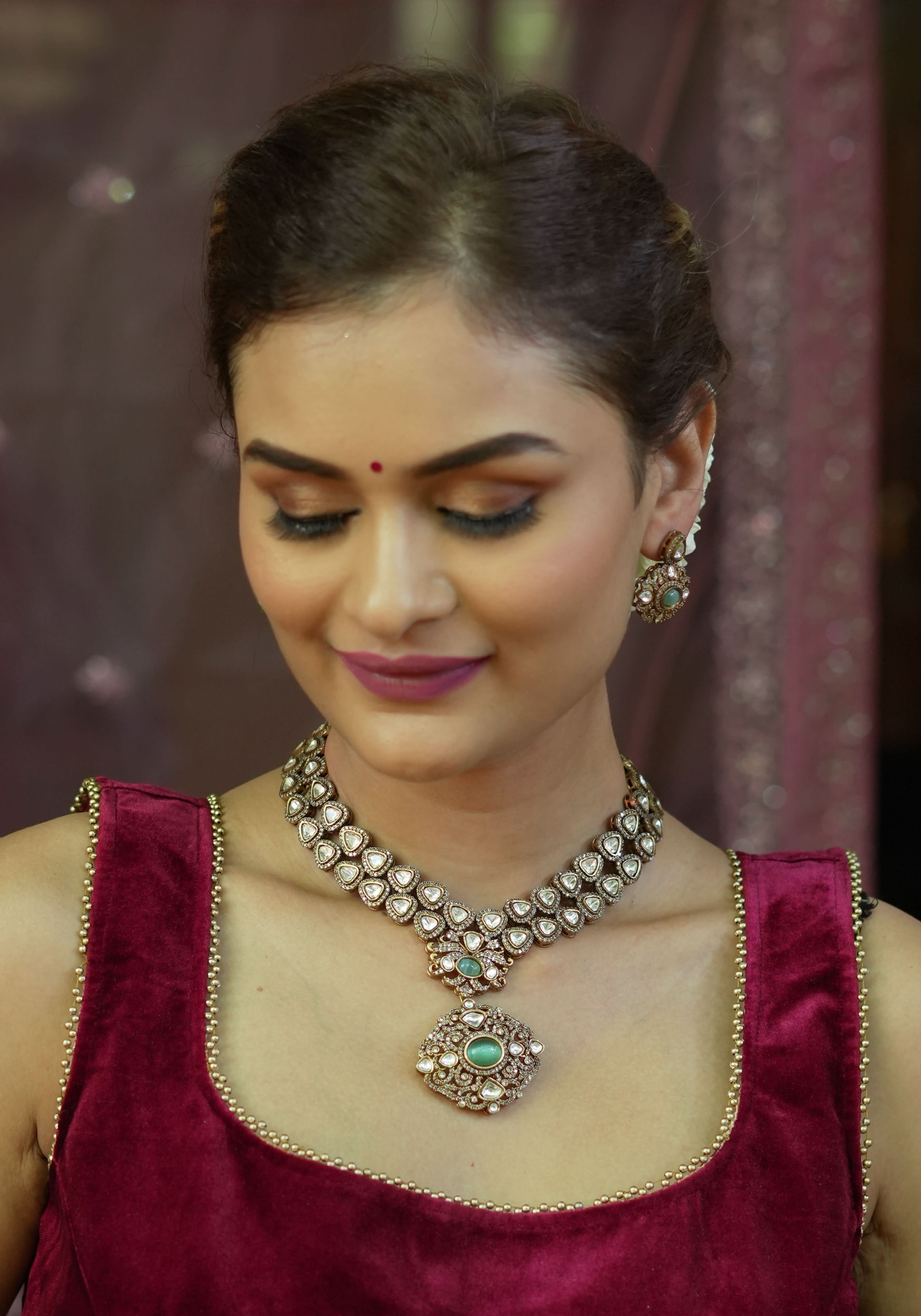 Classic Victorian Design Stone Studded Necklace Set with White and Green Stones | Shobitam jewelry
