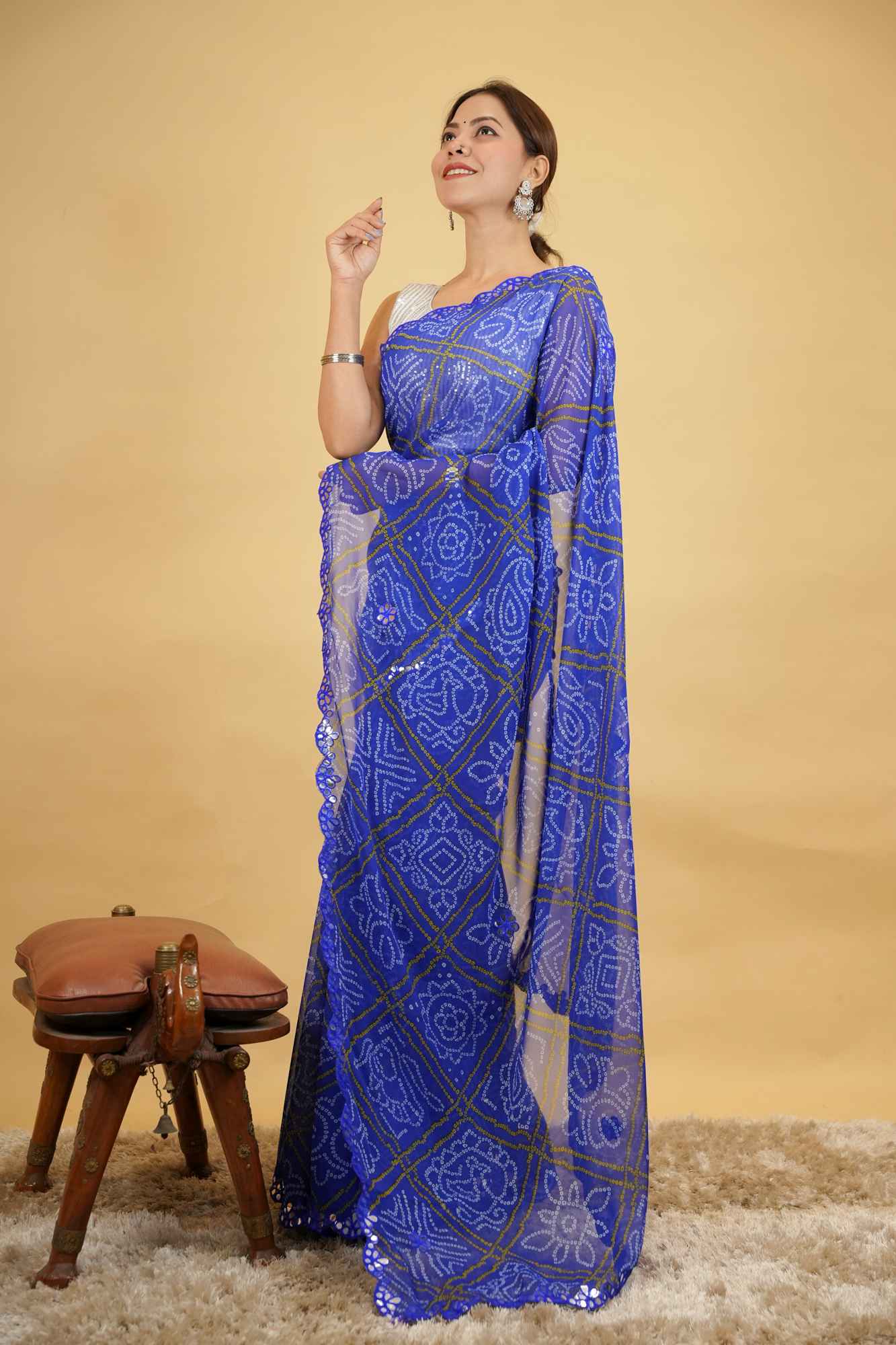 Bandhani Inspired Printed with Elegant Mirror work Border Ready to Wear Saree