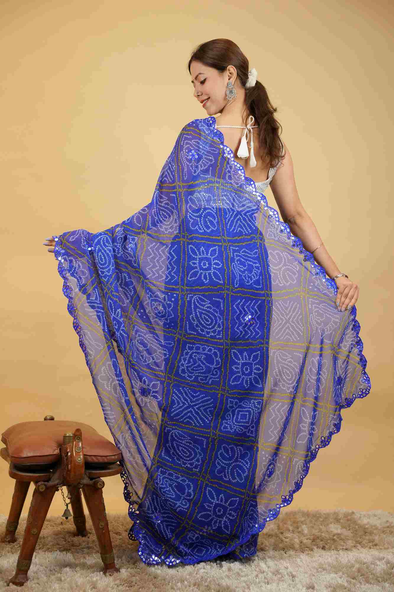 Bandhani Inspired Printed with Elegant Mirror work Border Ready to Wear Saree