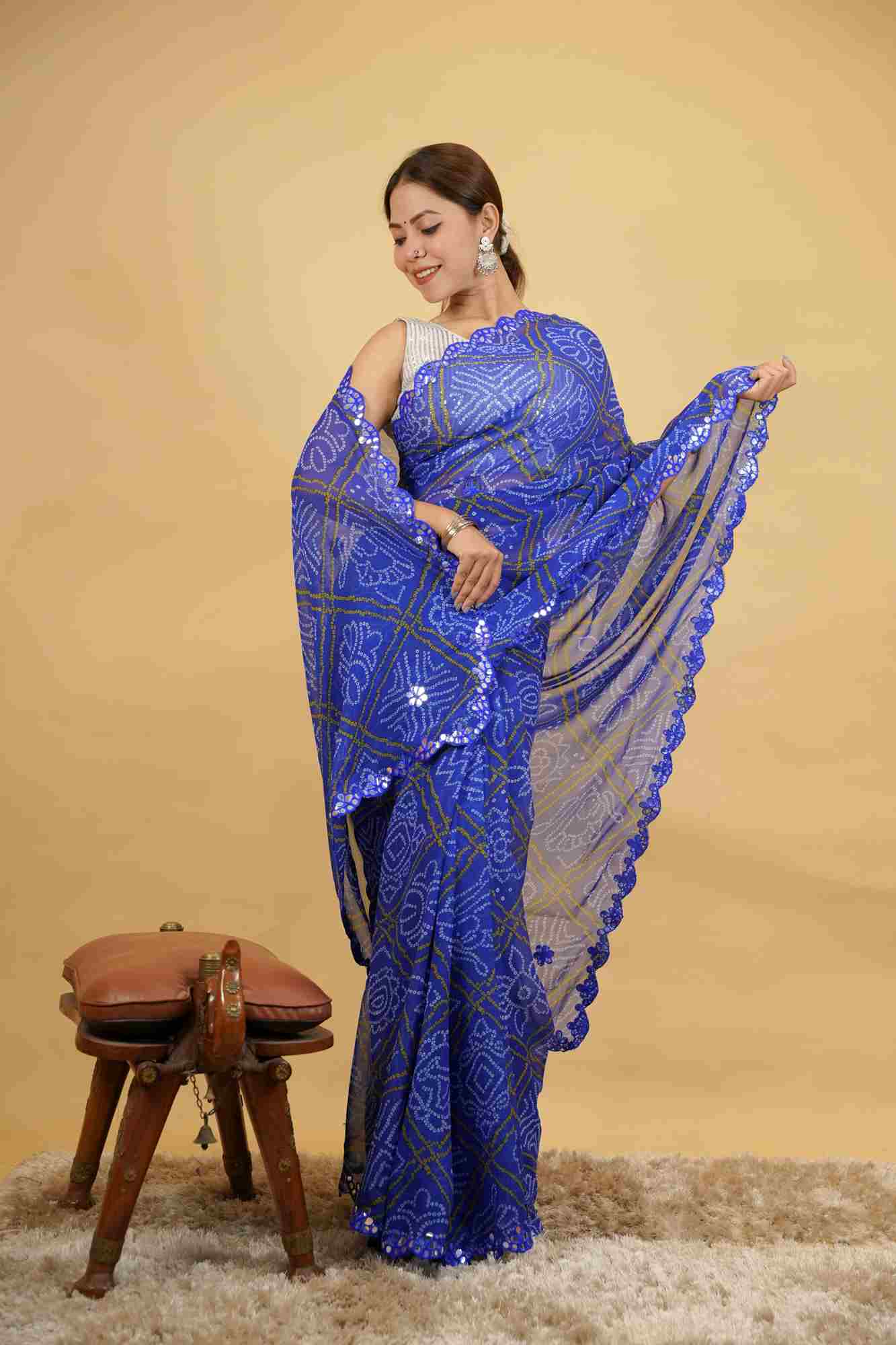 Bandhani Inspired Printed with Elegant Mirror work Border Ready to Wear Saree