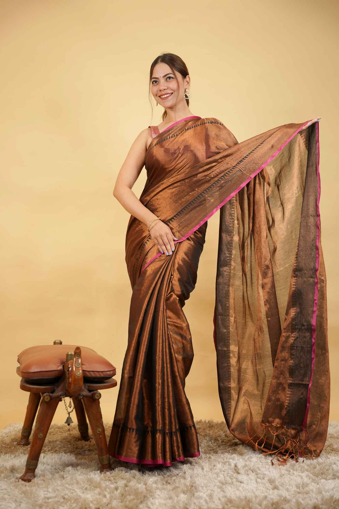 Elegant Zari Woven Traditional Tissue Ready-to-Wear Saree