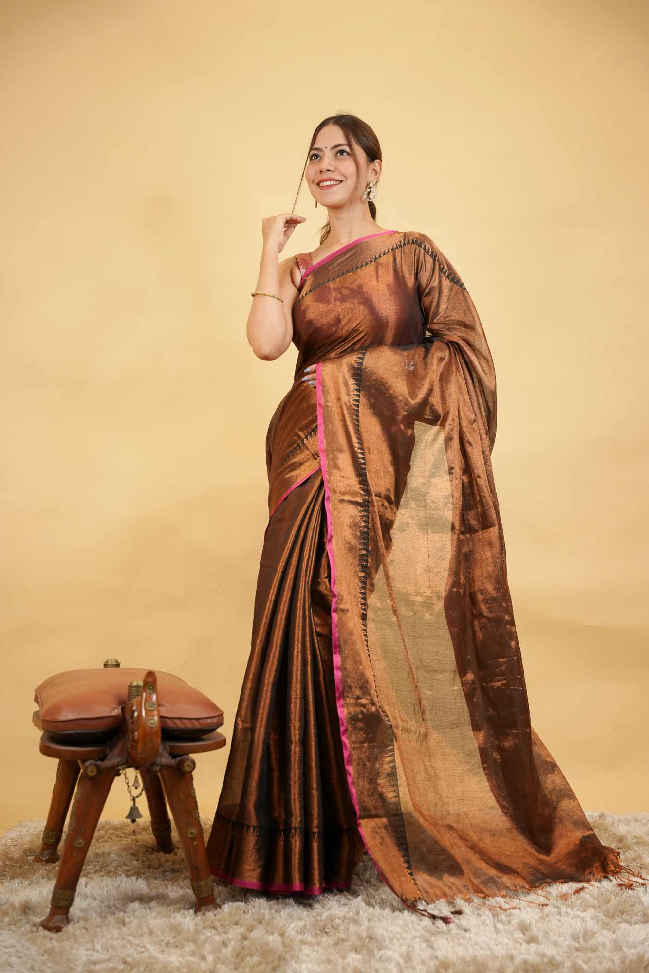 Elegant Zari Woven Traditional Tissue Ready-to-Wear Saree