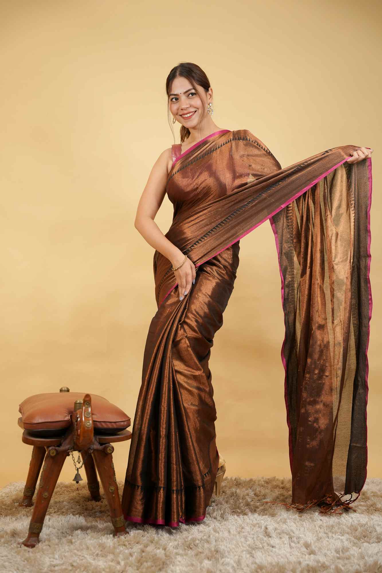 Elegant Zari Woven Traditional Tissue Ready-to-Wear Saree