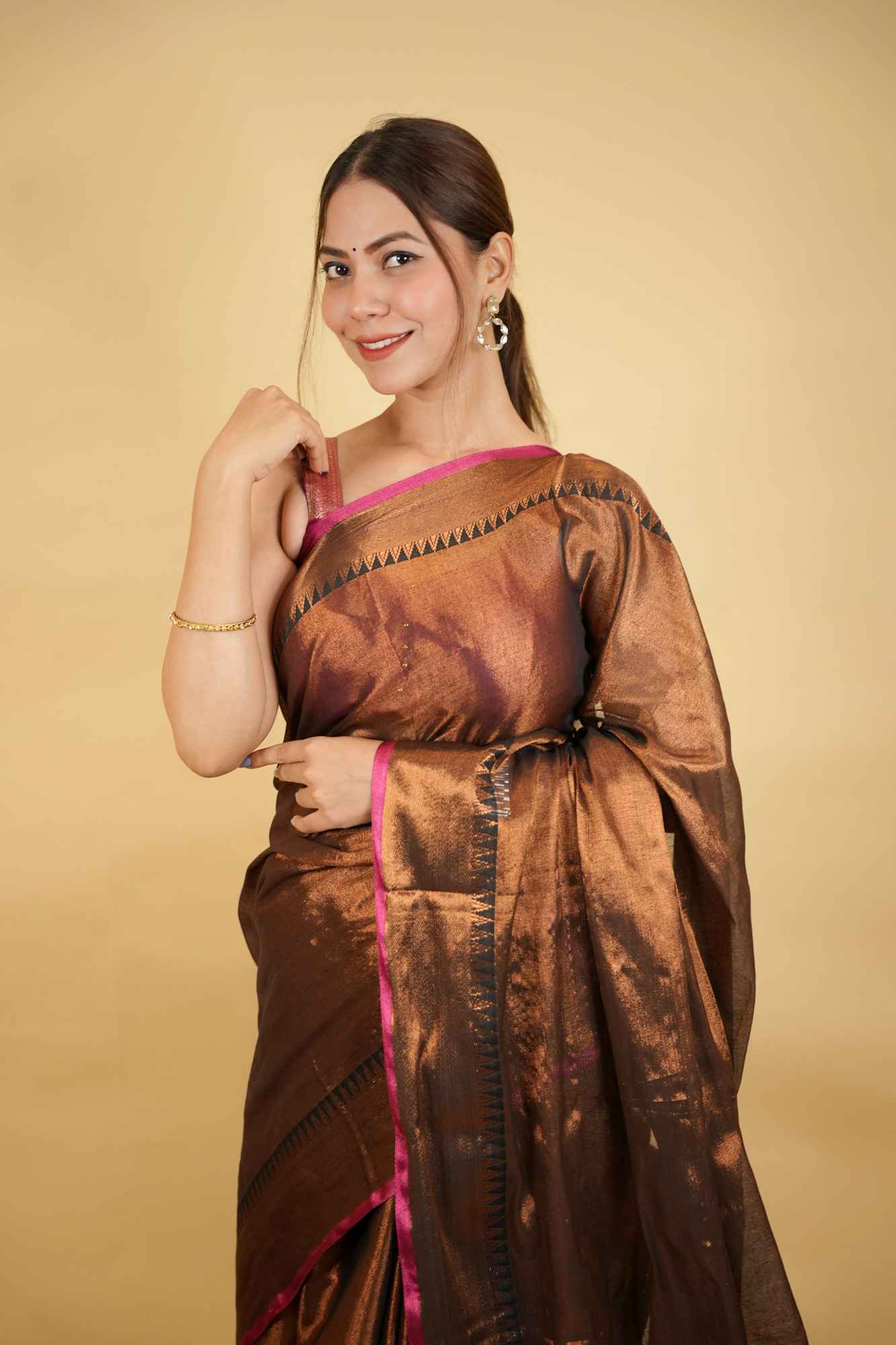 Elegant Zari Woven Traditional Tissue Ready-to-Wear Saree