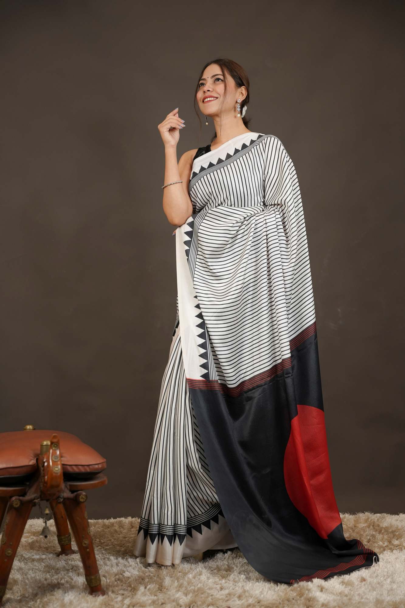 Classic Crepe Satin Geometric Border Ready-to-Wear Saree
