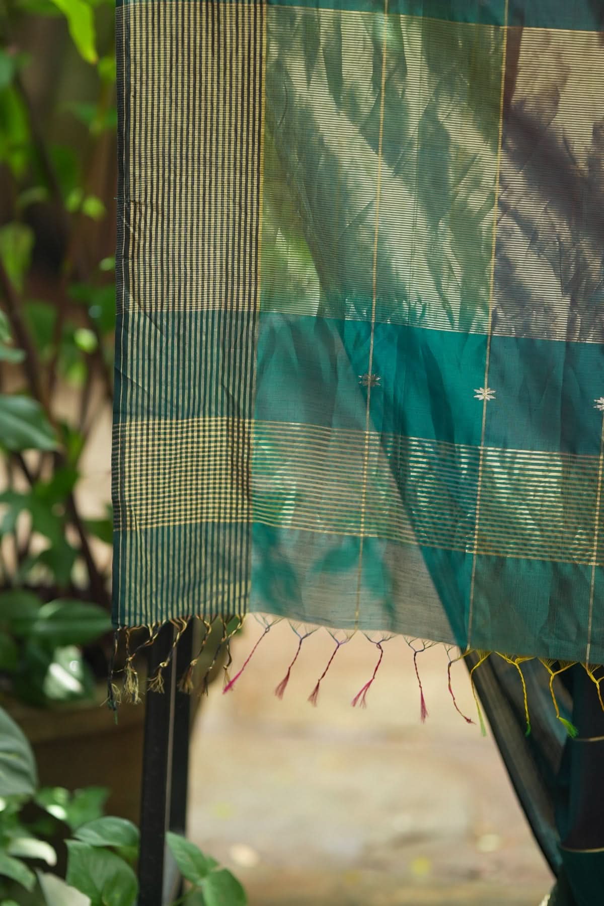Peacock Green Ombre Handwoven Zari Stripes Maheshwari Silk Cotton Saree | Shobitam