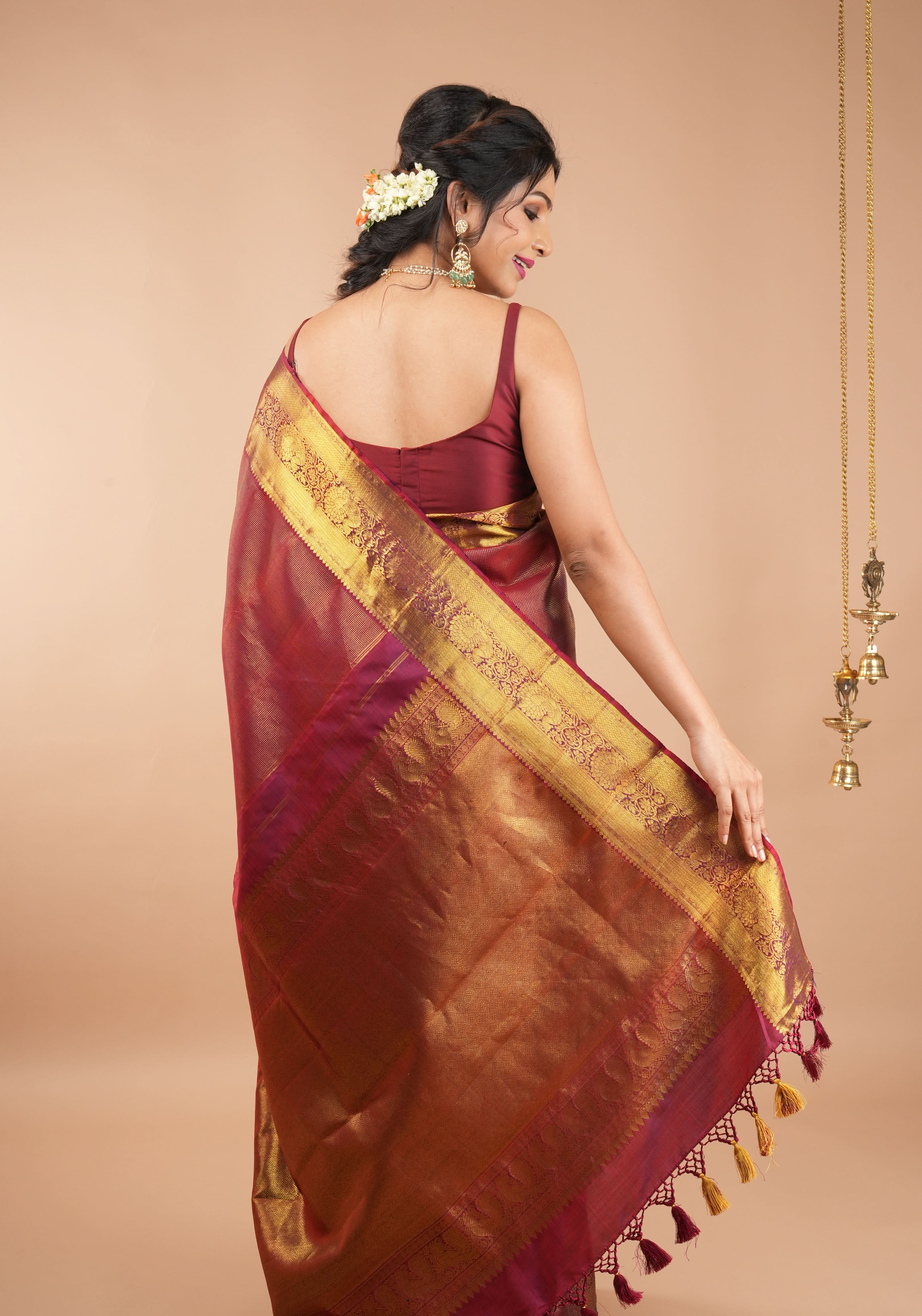 Maroon Thin Strap Sleeveless Silk Blouse with Scoop Neck Front, Colors Customizable | Shobitam