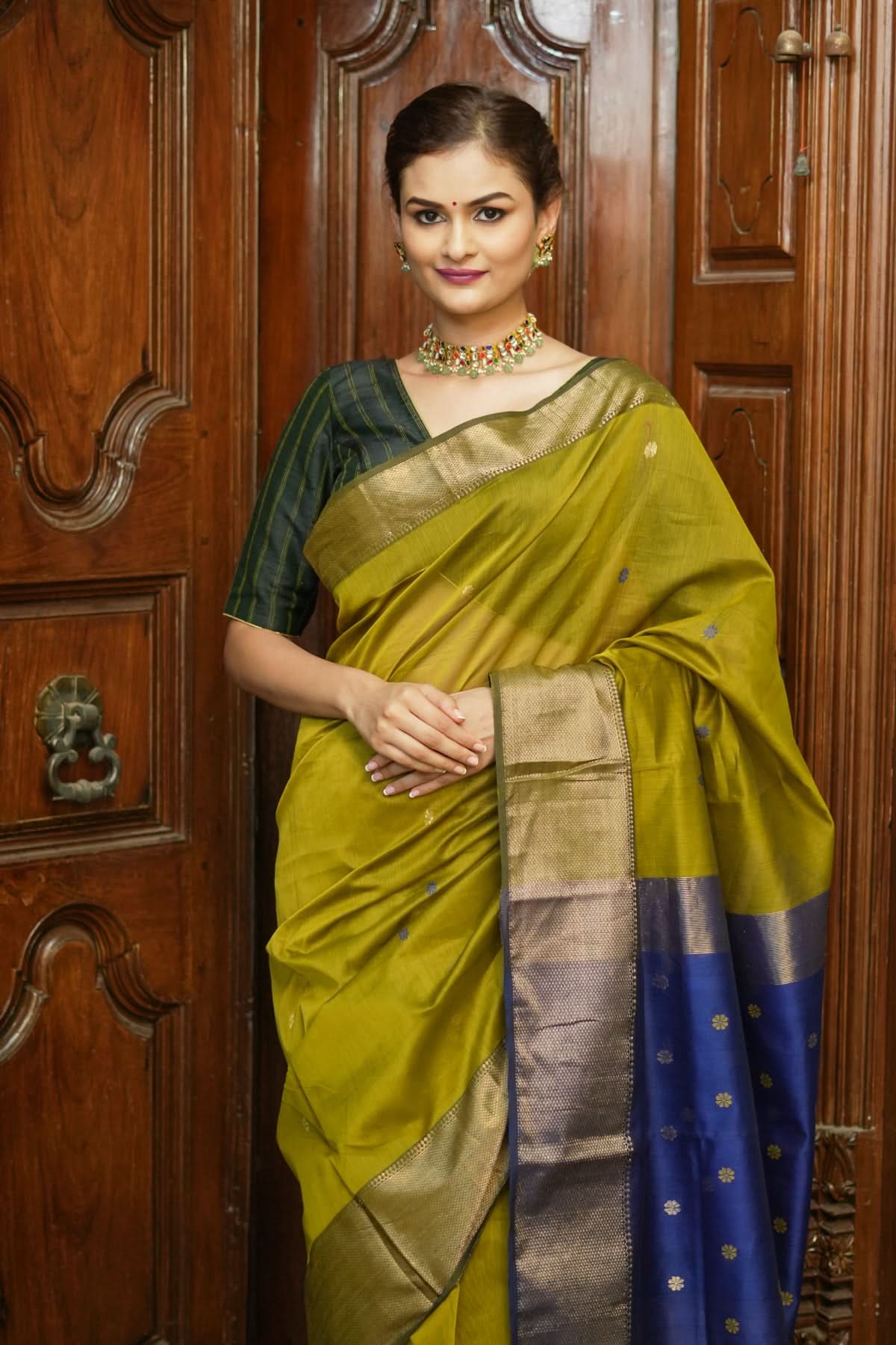 Handwoven Maheshwari Silk Cotton Saree in Moss Green with zari borders | Shobitam