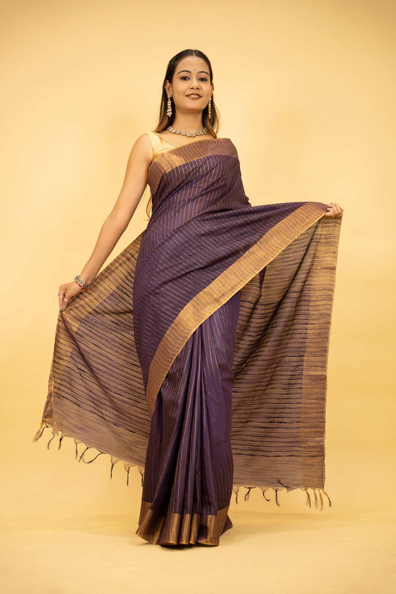 Purple Kota Silk with Overall Sequins Work Ready to wear Saree