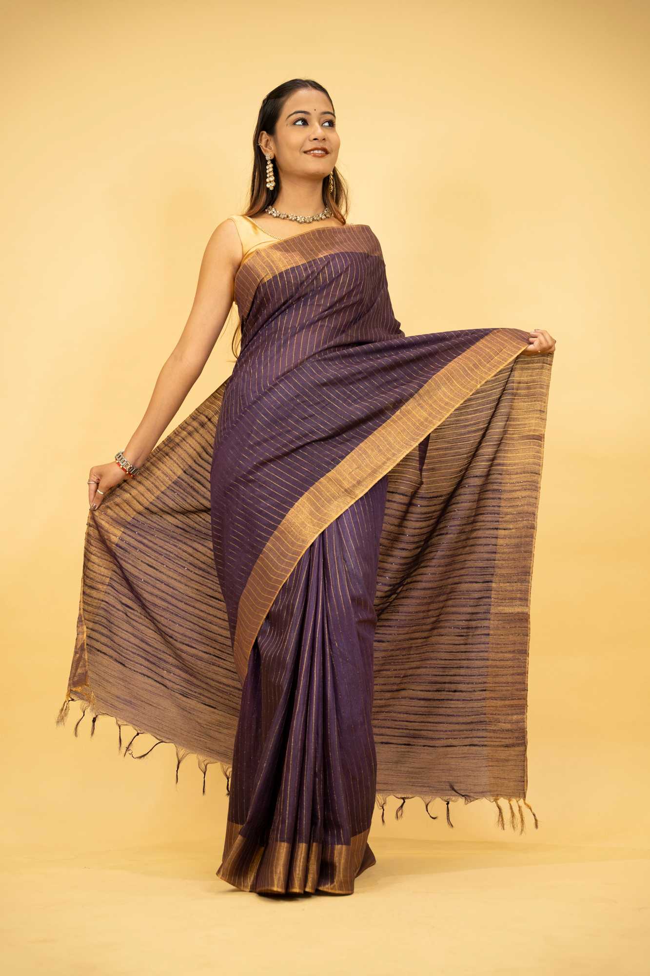 Purple Kota Silk with Overall Sequins Work Ready to wear Saree