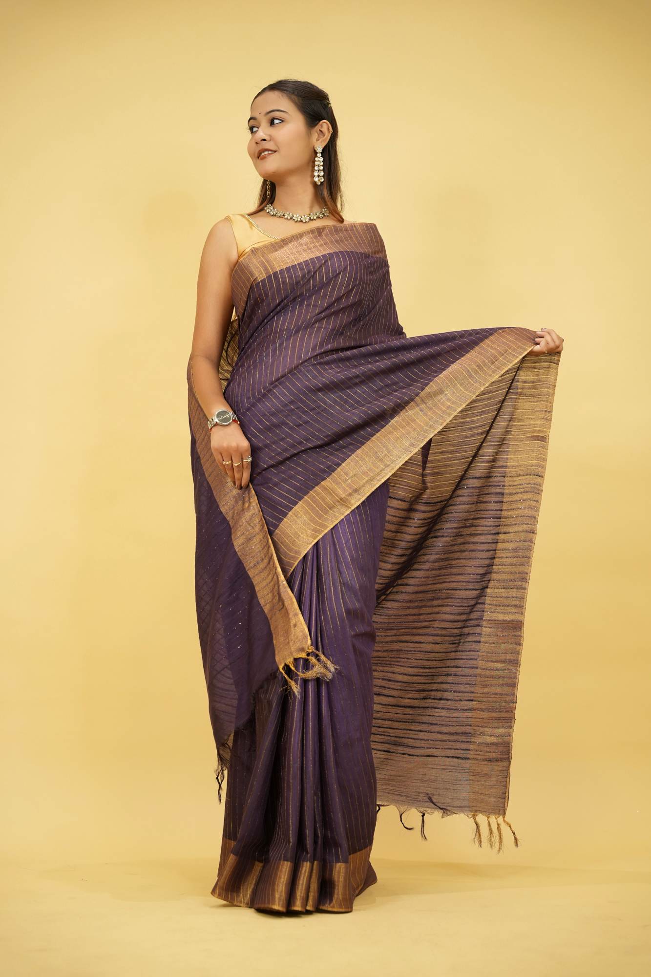 Purple Kota Silk with Overall Sequins Work Ready to wear Saree