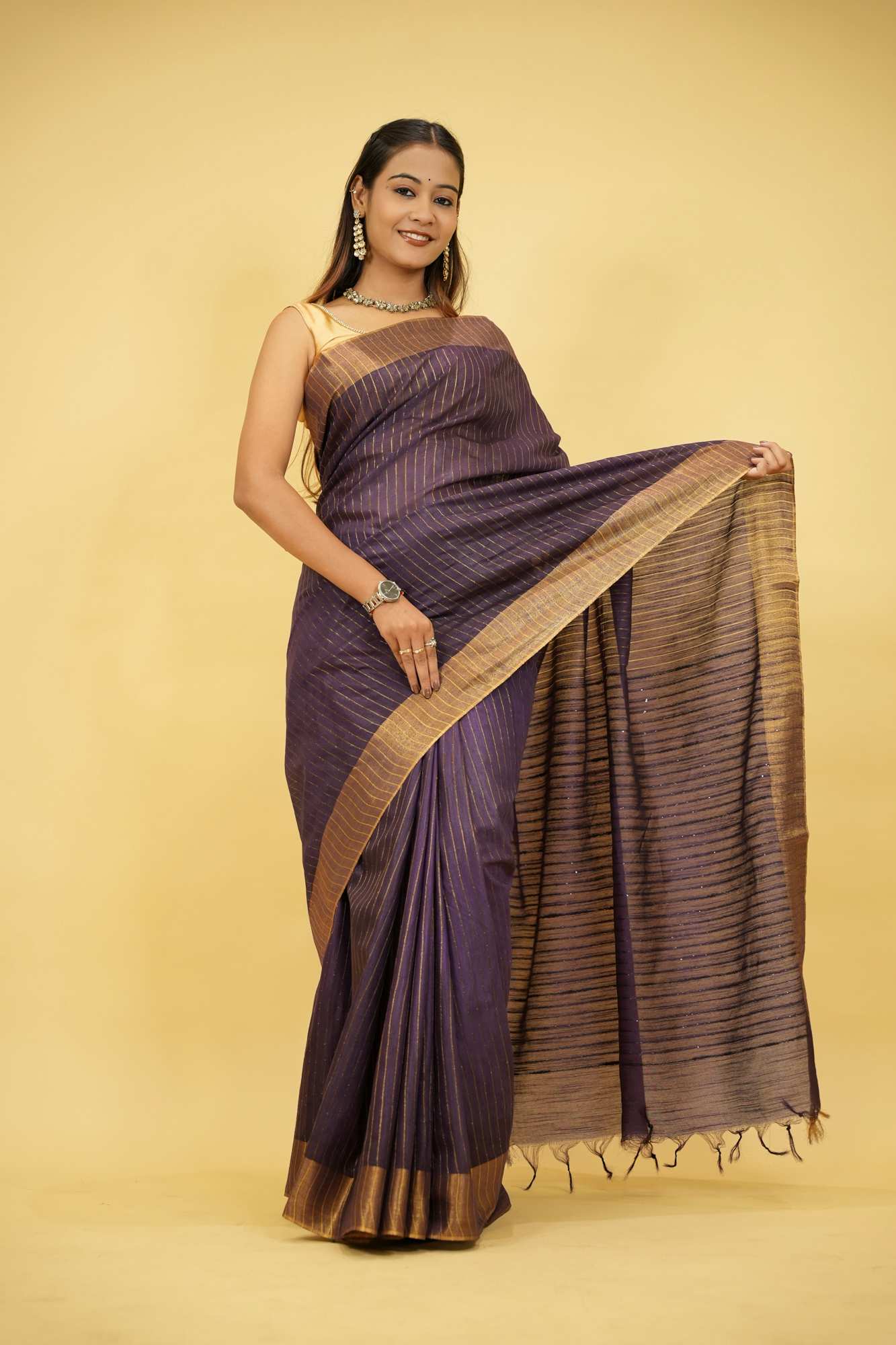 Purple Kota Silk with Overall Sequins Work Ready to wear Saree