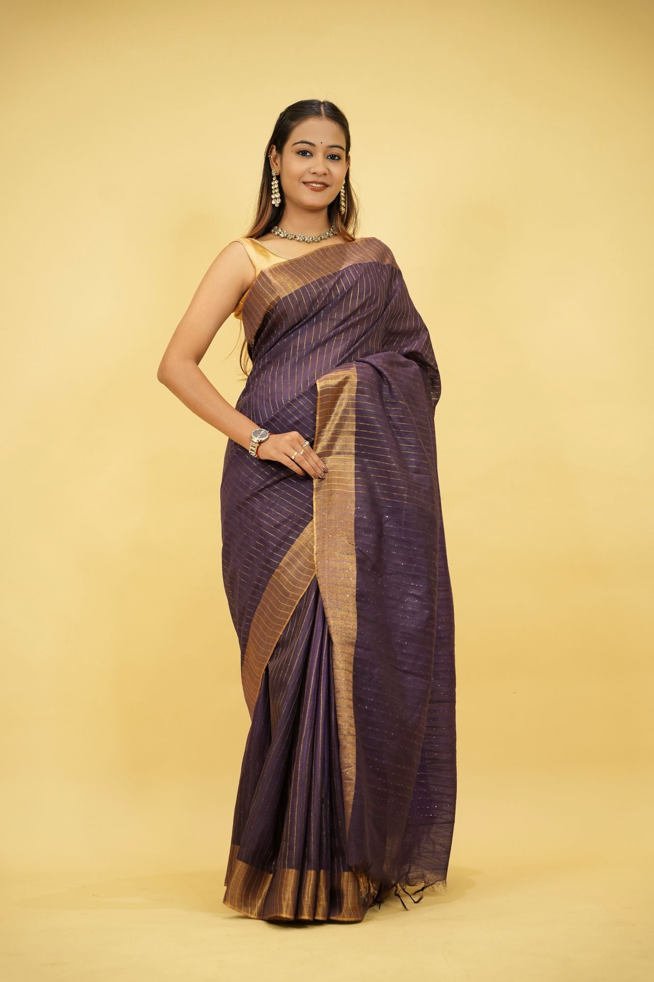 Purple Kota Silk with Overall Sequins Work Ready to wear Saree