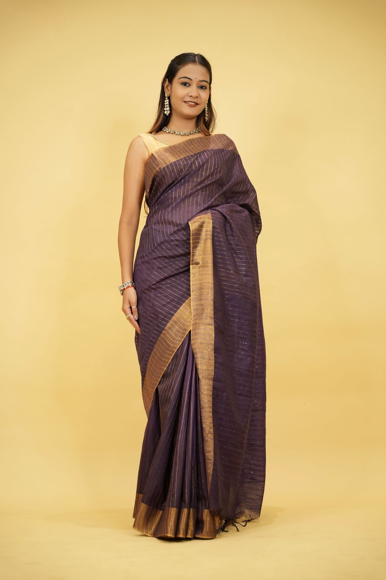 Purple Kota Silk with Overall Sequins Work Ready to wear Saree