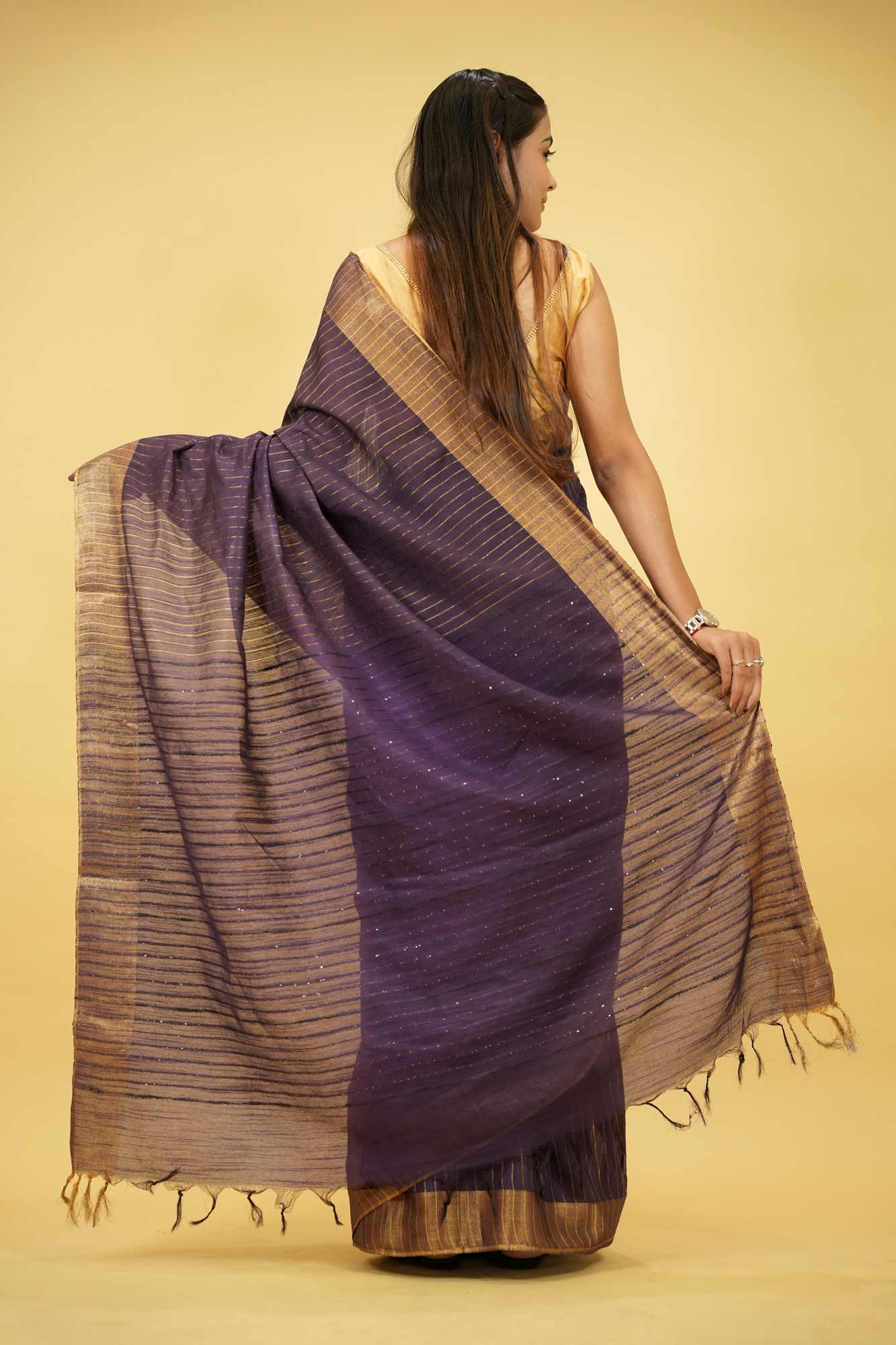 Purple Kota Silk with Overall Sequins Work Ready to wear Saree