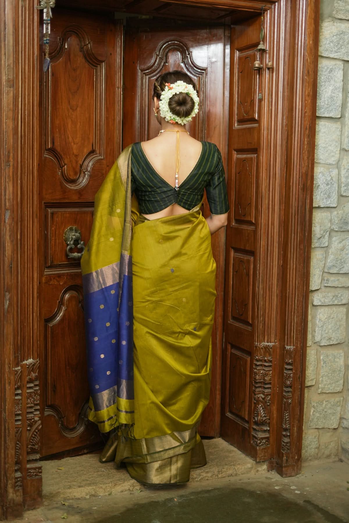 Handwoven Maheshwari Silk Cotton Saree in Moss Green with zari borders | Shobitam