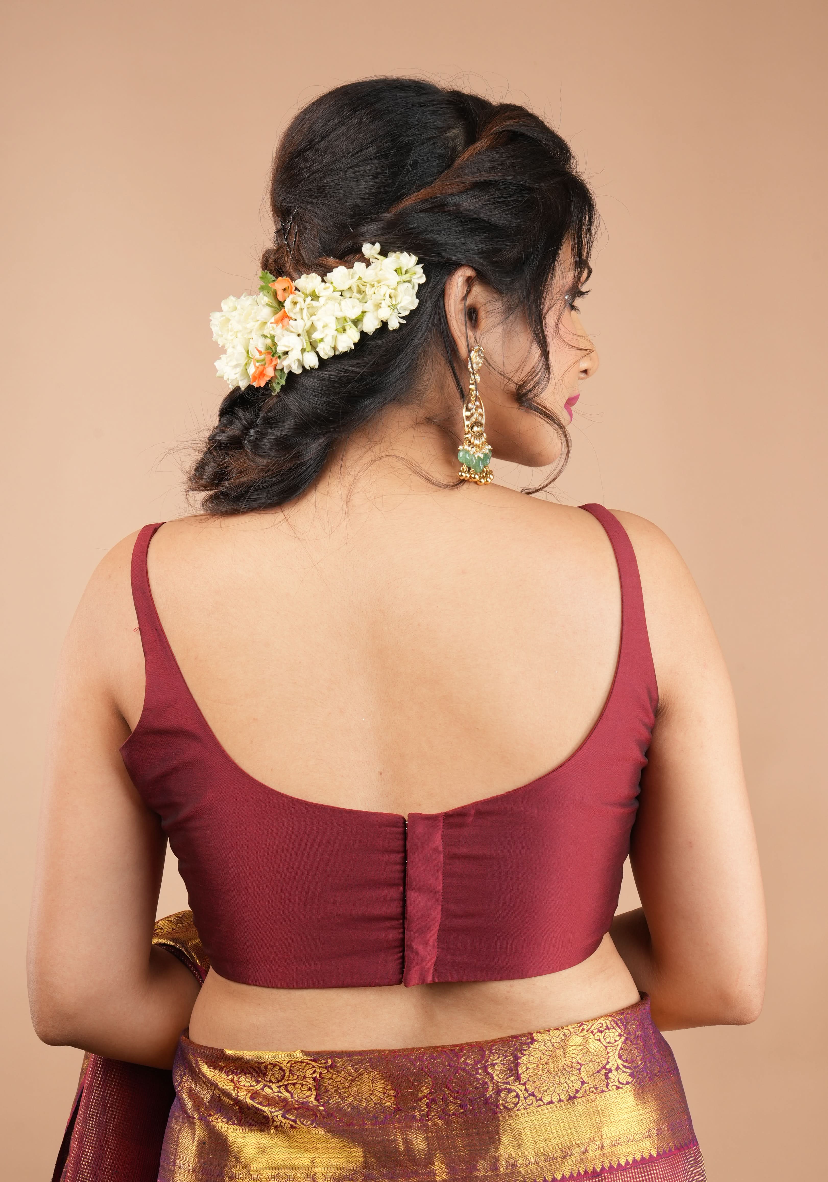 Maroon Thin Strap Sleeveless Silk Blouse with Scoop Neck Front, Colors Customizable | Shobitam