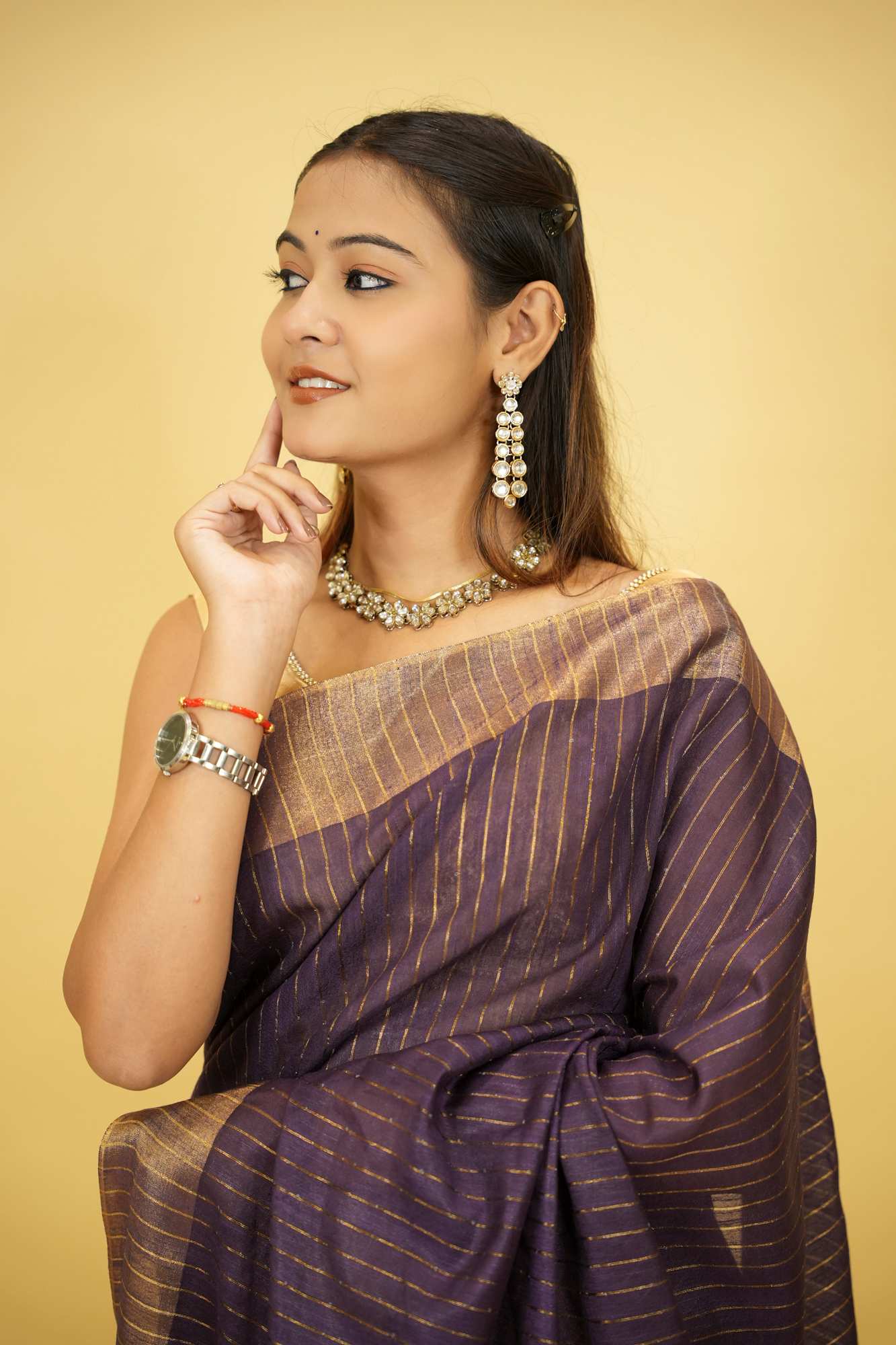 Purple Kota Silk with Overall Sequins Work Ready to wear Saree