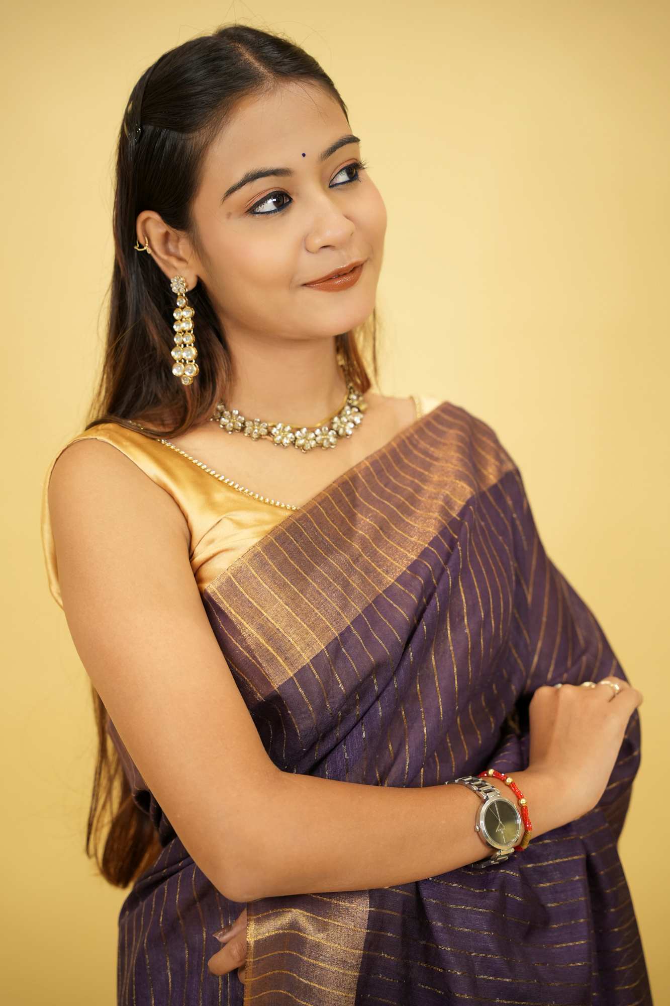 Purple Kota Silk with Overall Sequins Work Ready to wear Saree