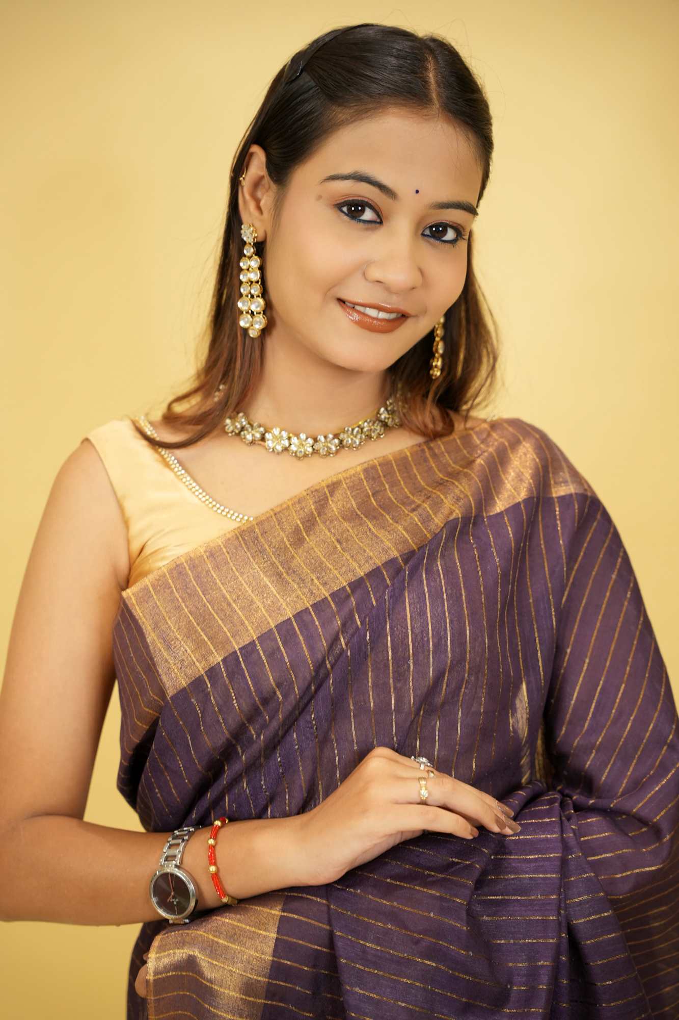 Purple Kota Silk with Overall Sequins Work Ready to wear Saree