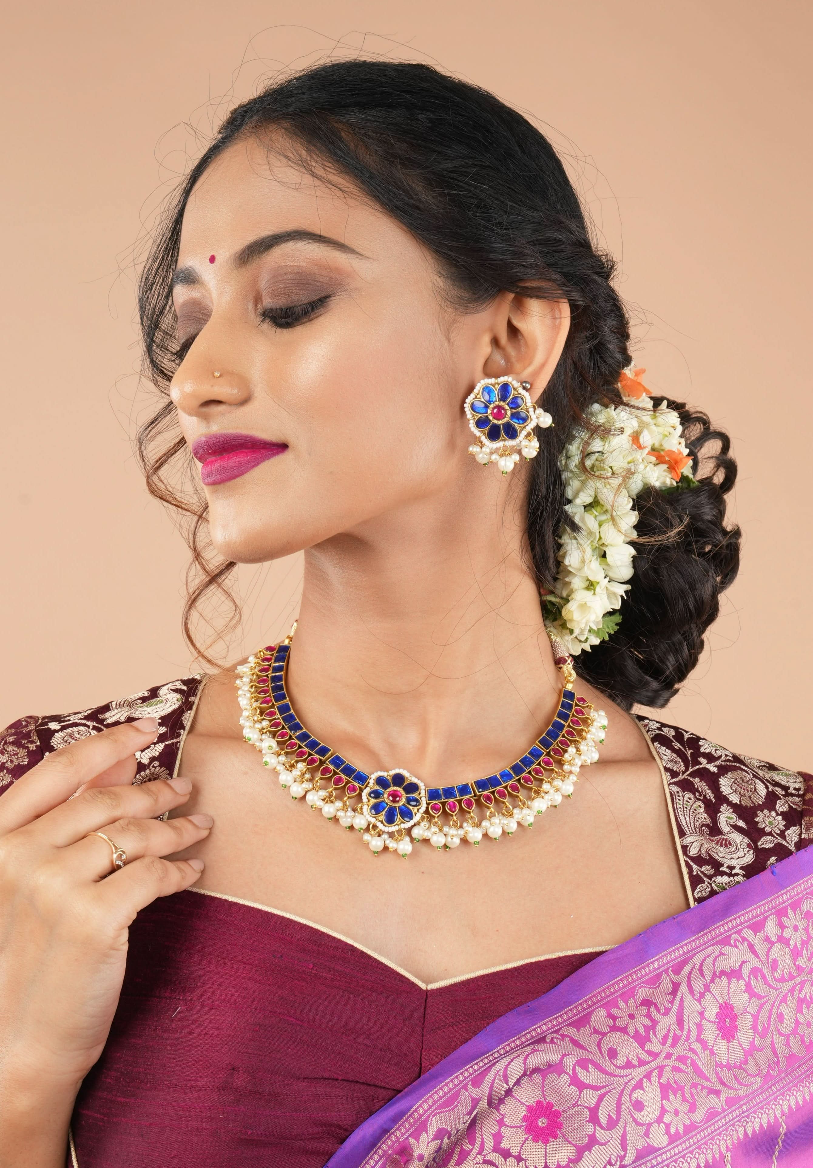 Blue and Pink Stone Jadau Necklace and Earring Set | SHOBITAM