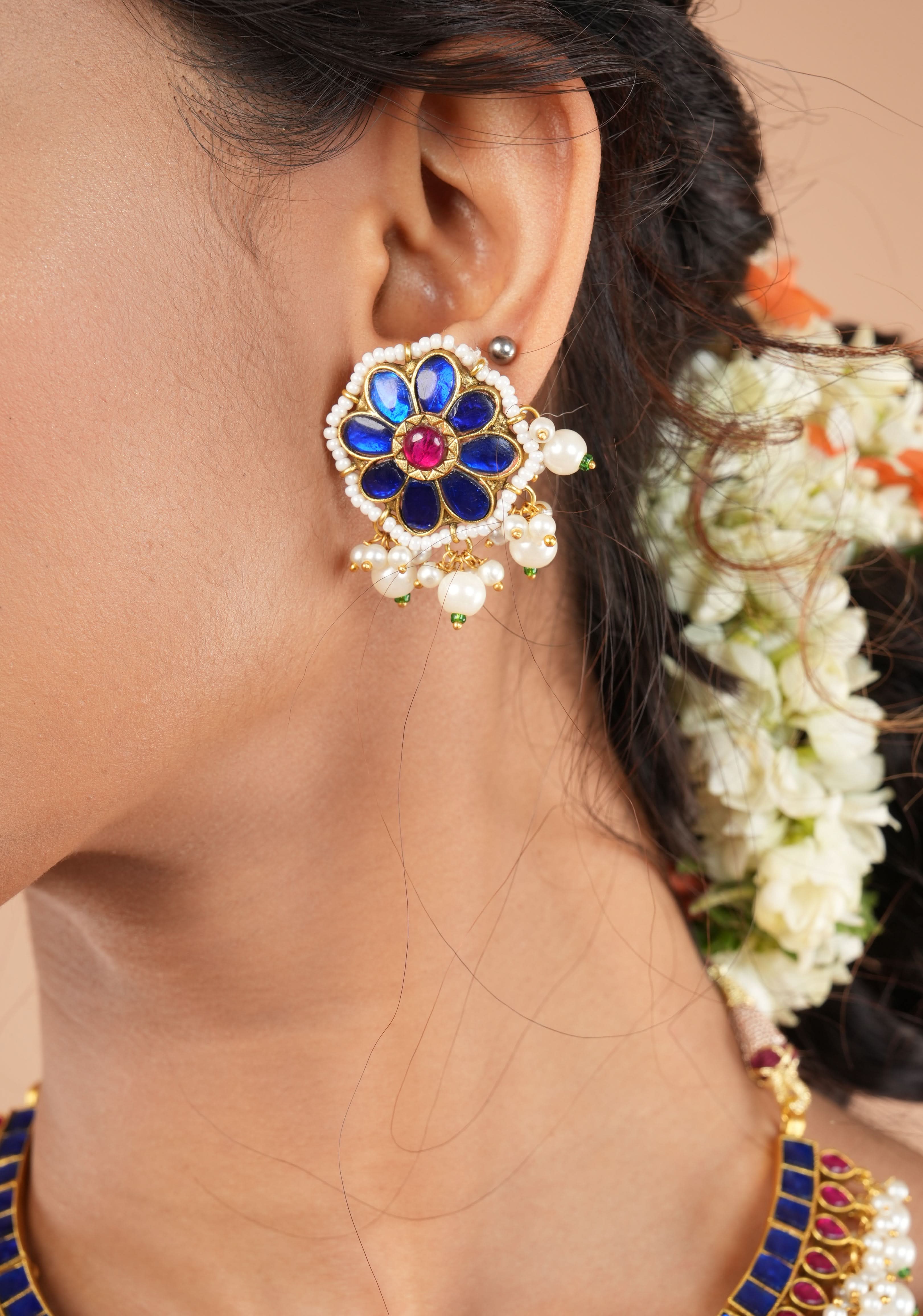 Blue and Pink Stone Jadau Necklace and Earring Set | SHOBITAM