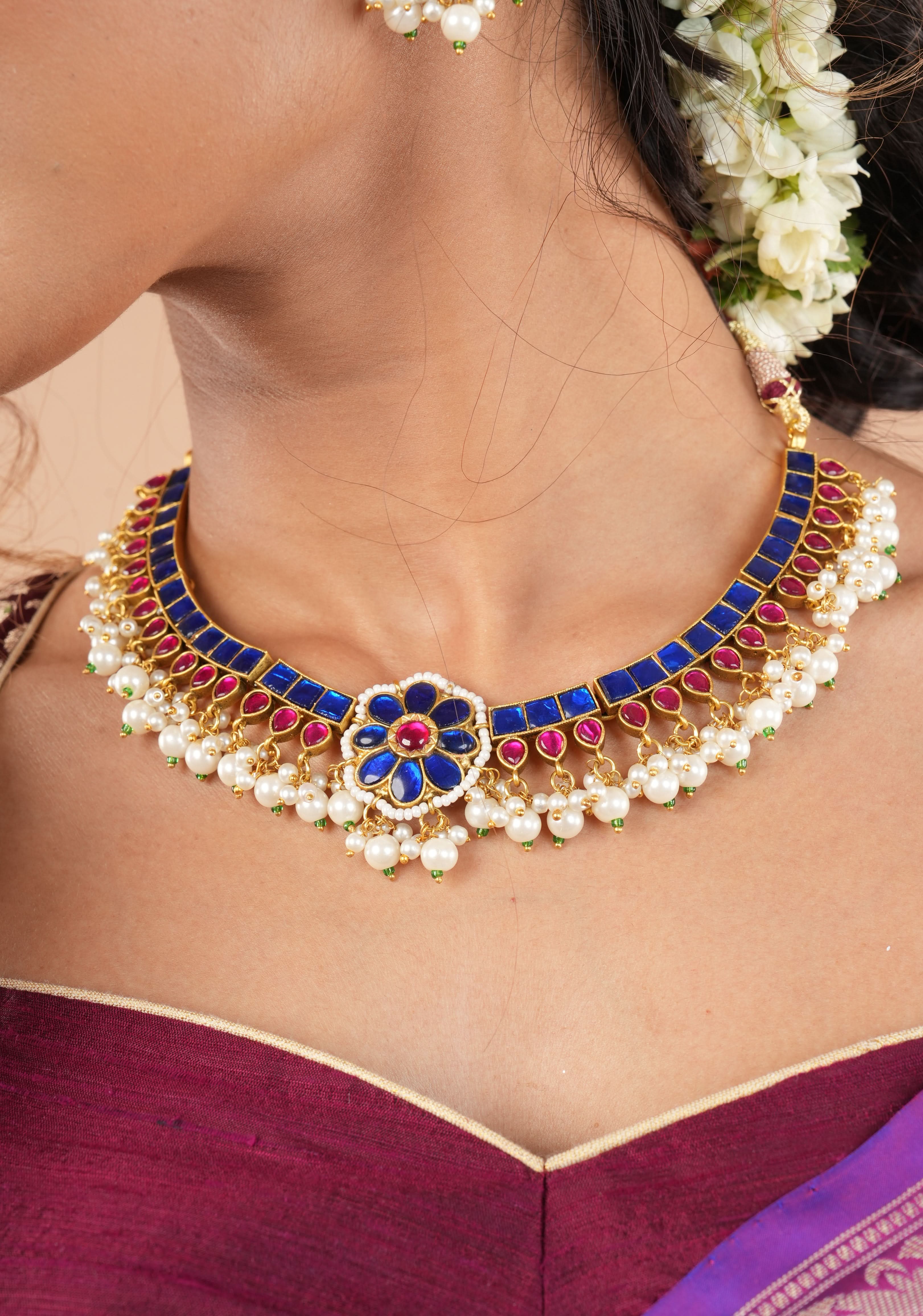 Blue and Pink Stone Jadau Necklace and Earring Set | SHOBITAM