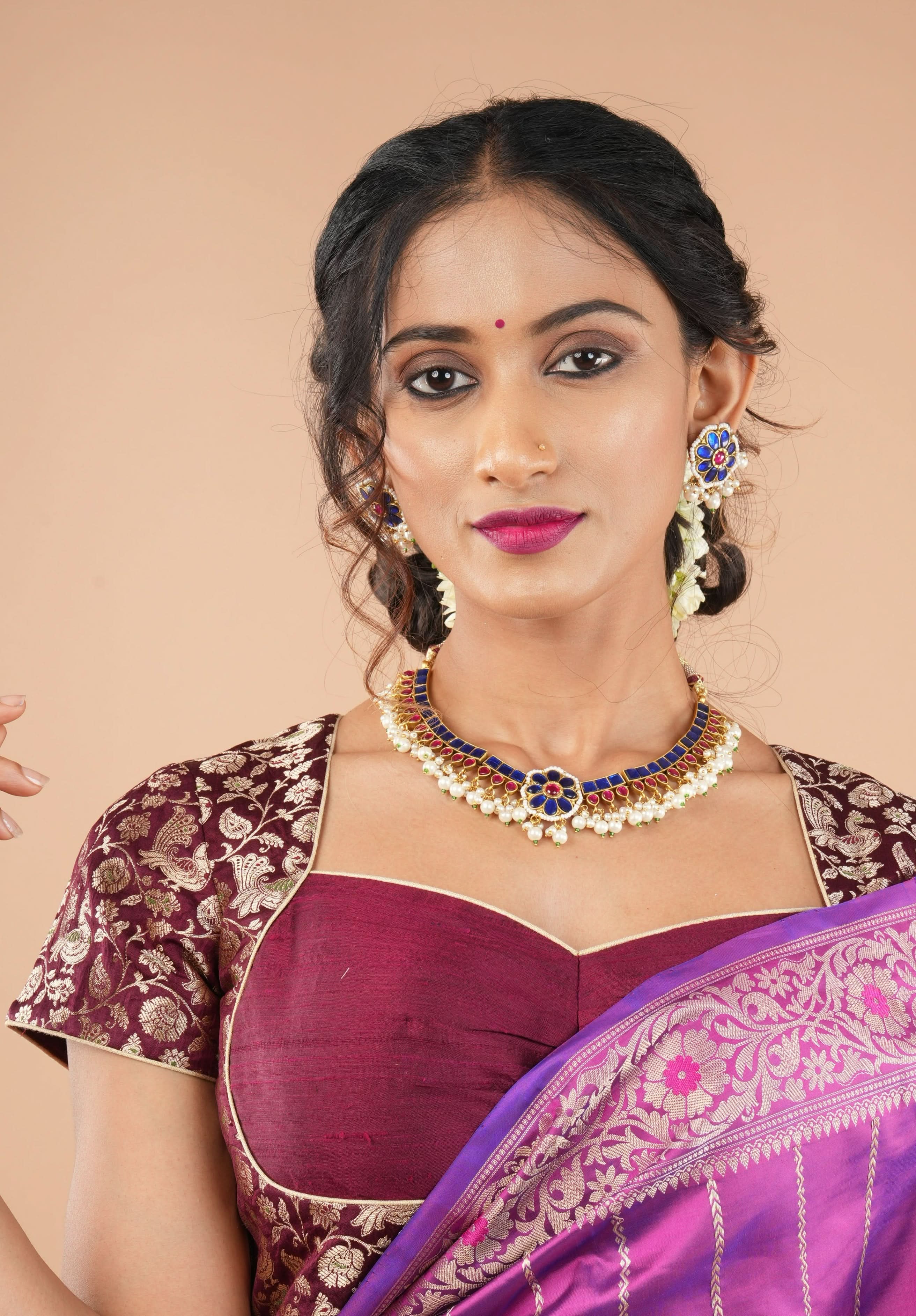 Blue and Pink Stone Jadau Necklace and Earring Set | SHOBITAM