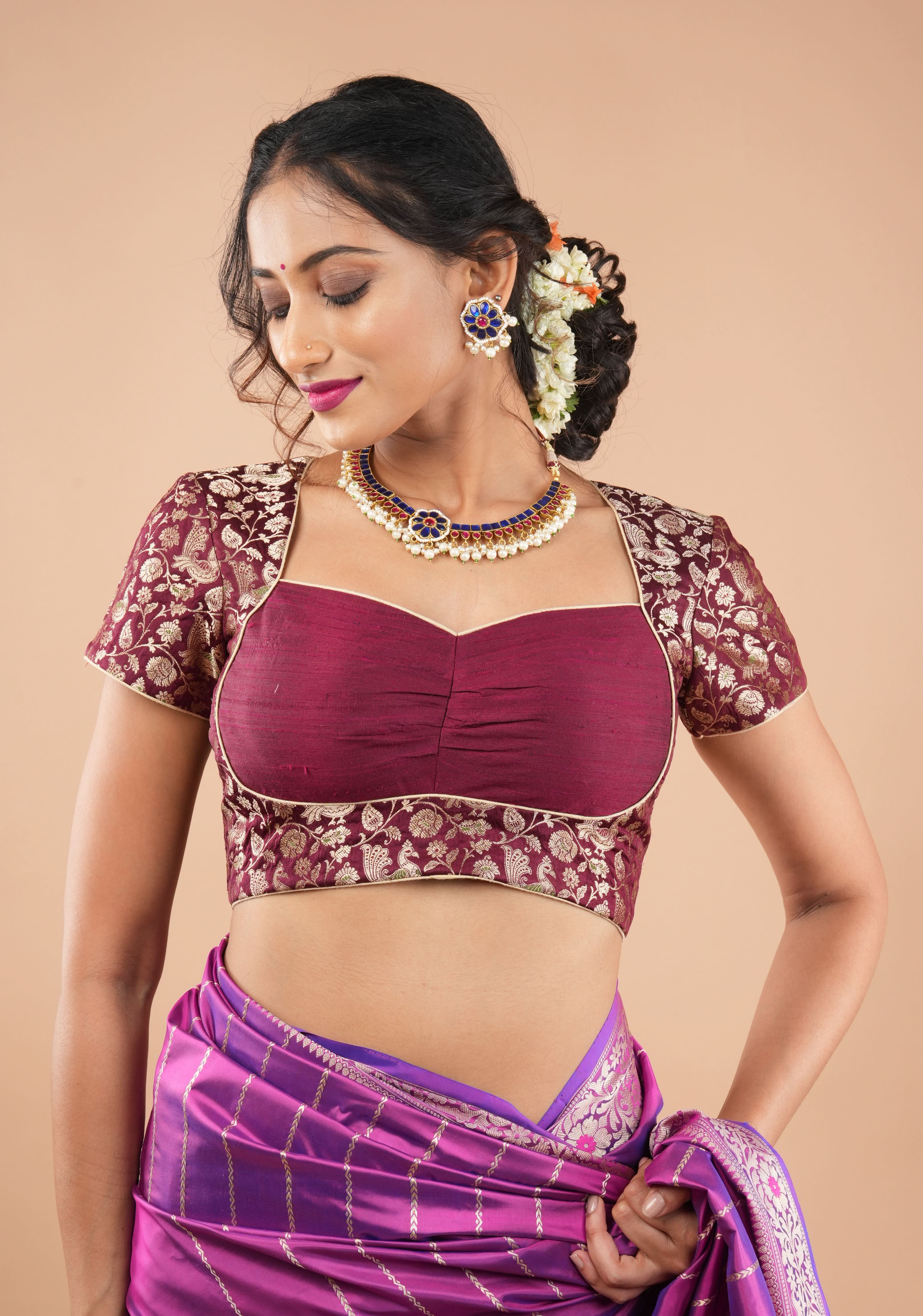 Exquisite Maroon Peacock Brocade Bustier Blouse | Shobitam