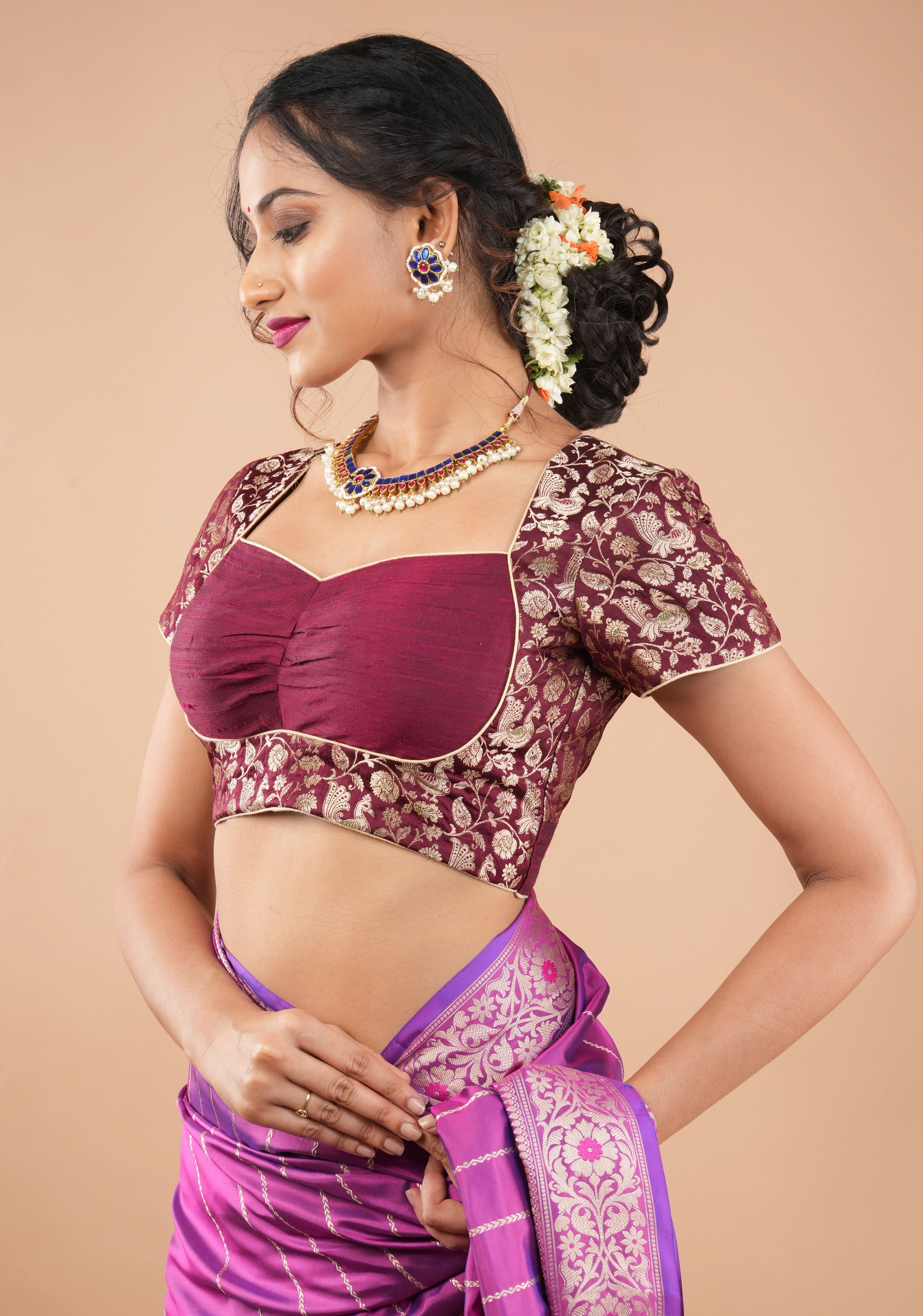 Exquisite Maroon Peacock Brocade Bustier Blouse | Shobitam