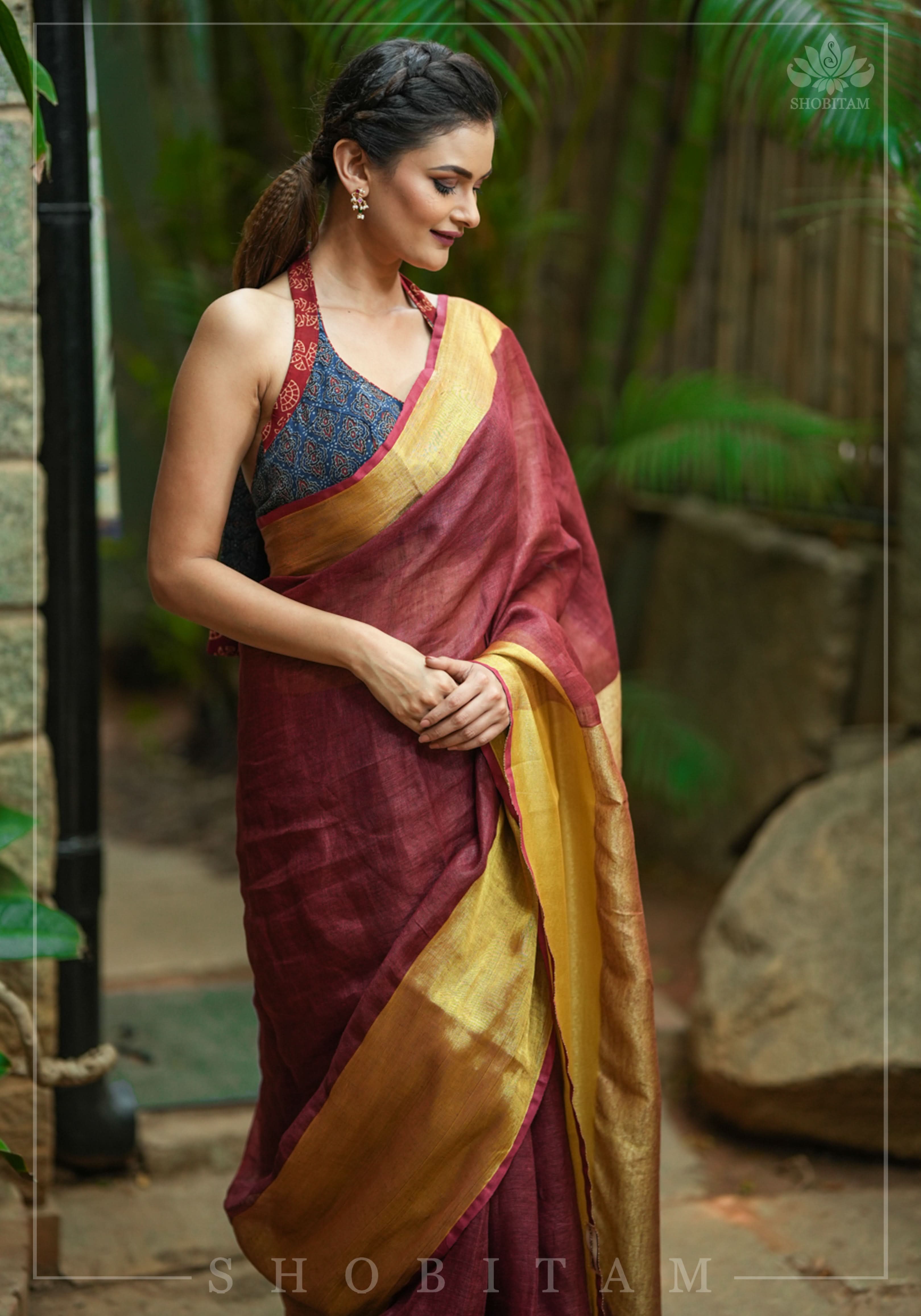 Wide Antique Golden Border Linen by Linen Saree in Maroon | Shobitam