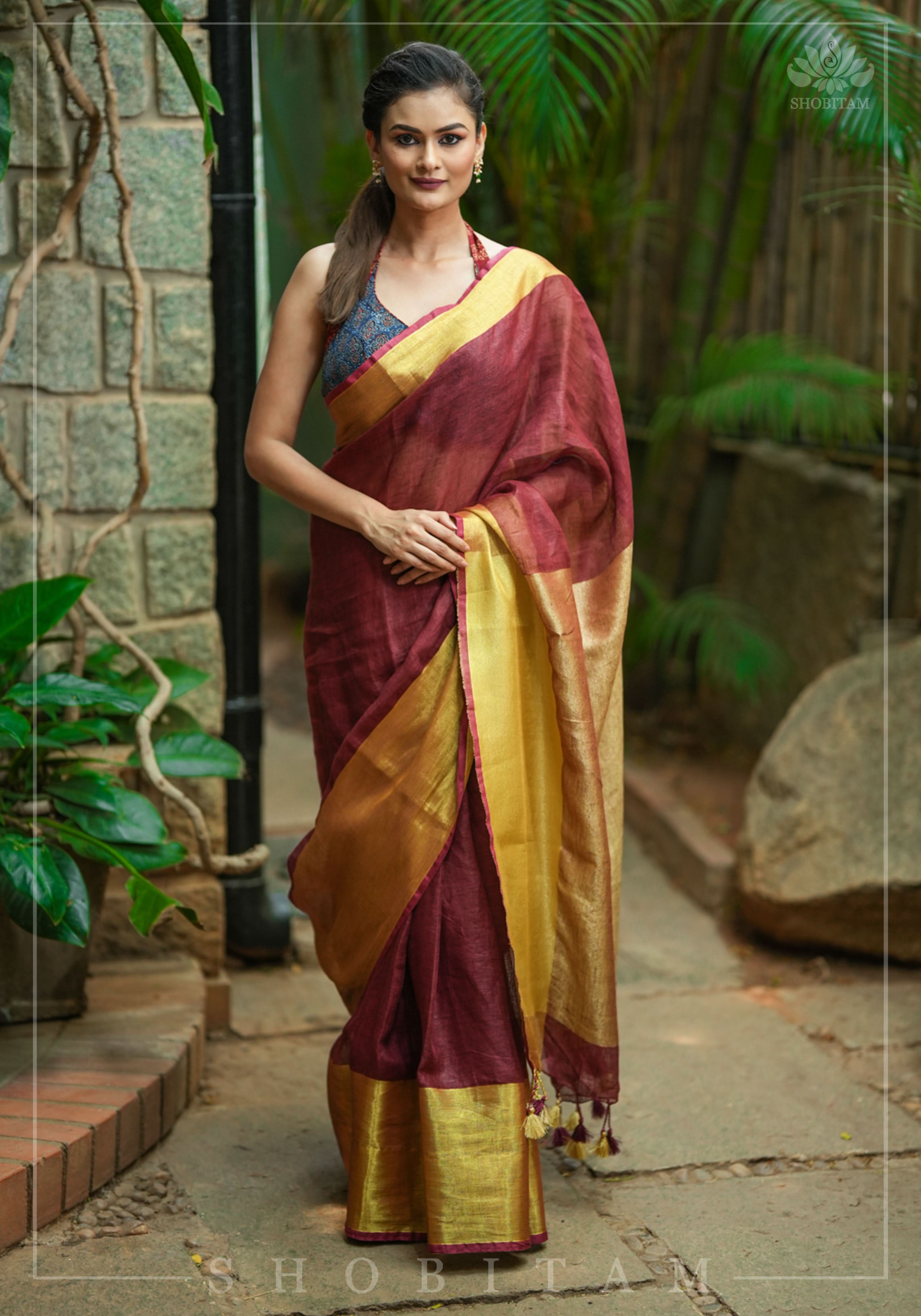 Wide Antique Golden Border Linen by Linen Saree in Maroon | Shobitam