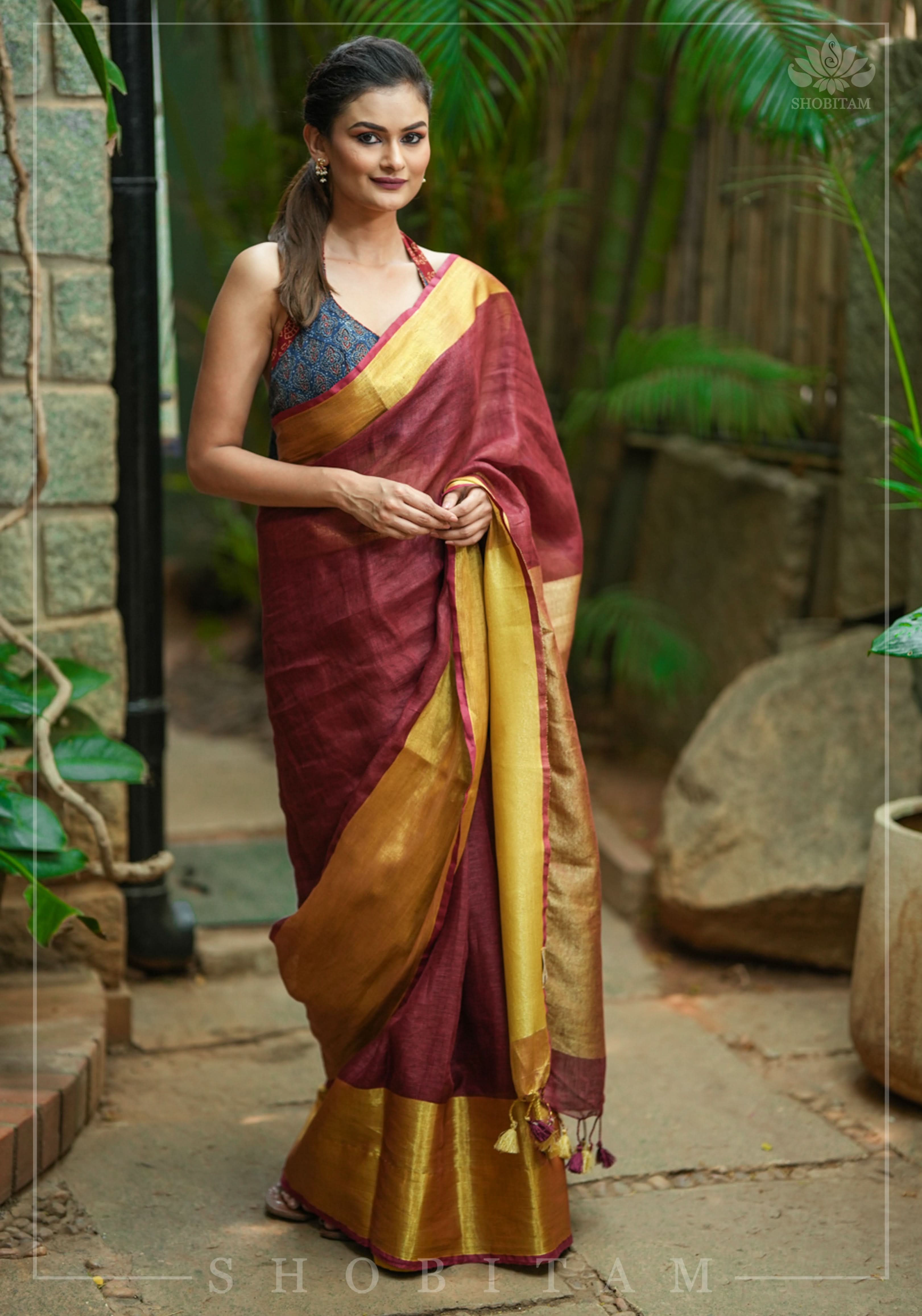 Wide Antique Golden Border Linen by Linen Saree in Maroon | Shobitam