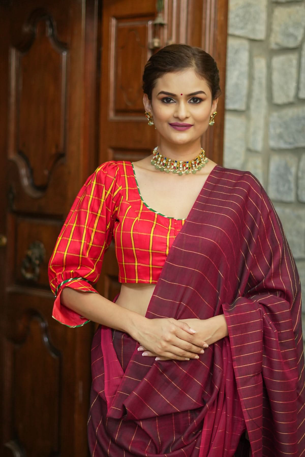 Red checked pure rawsilk u neck blouse with puff sleeves | Shobitam