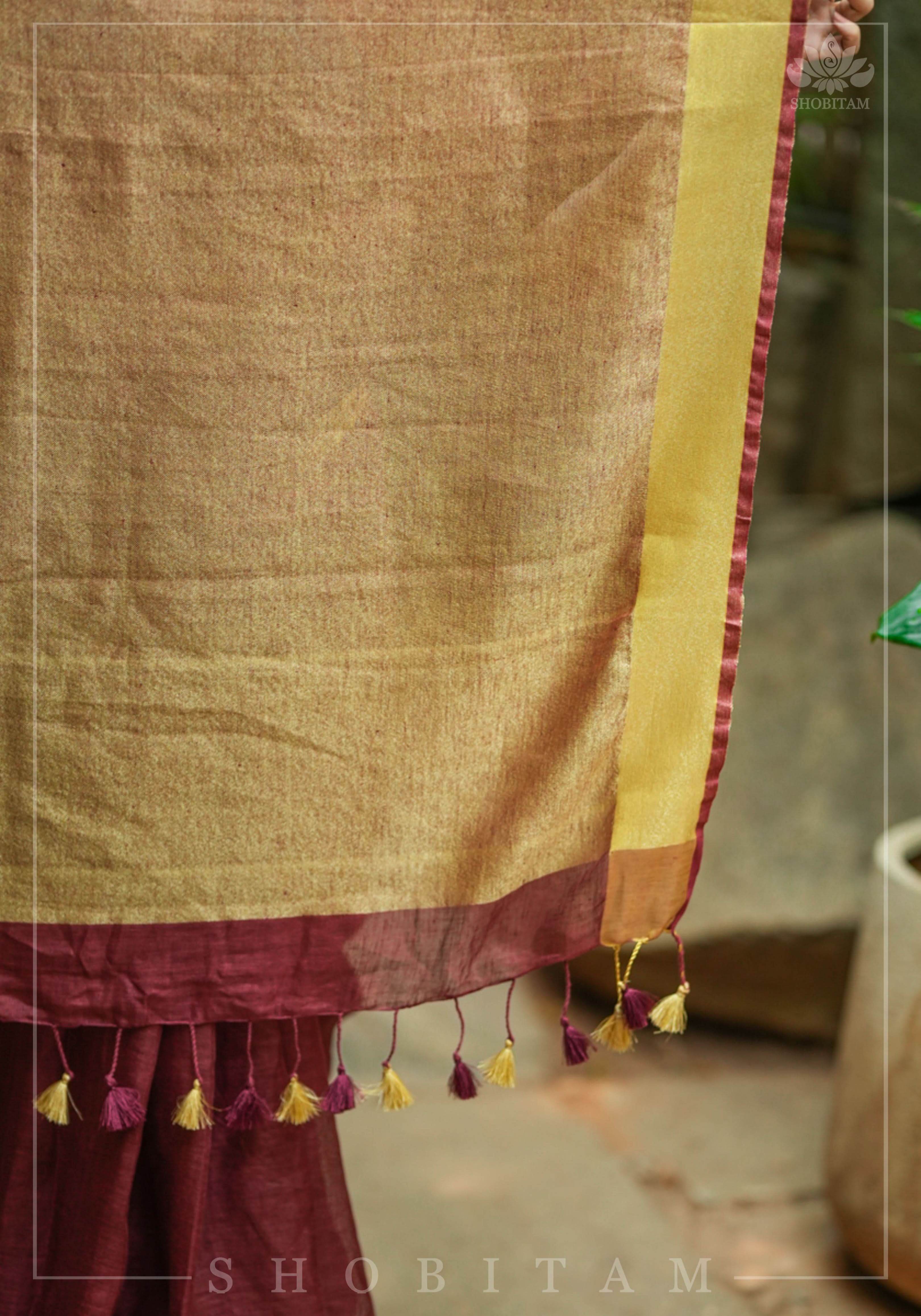 Wide Antique Golden Border Linen by Linen Saree in Maroon | Shobitam