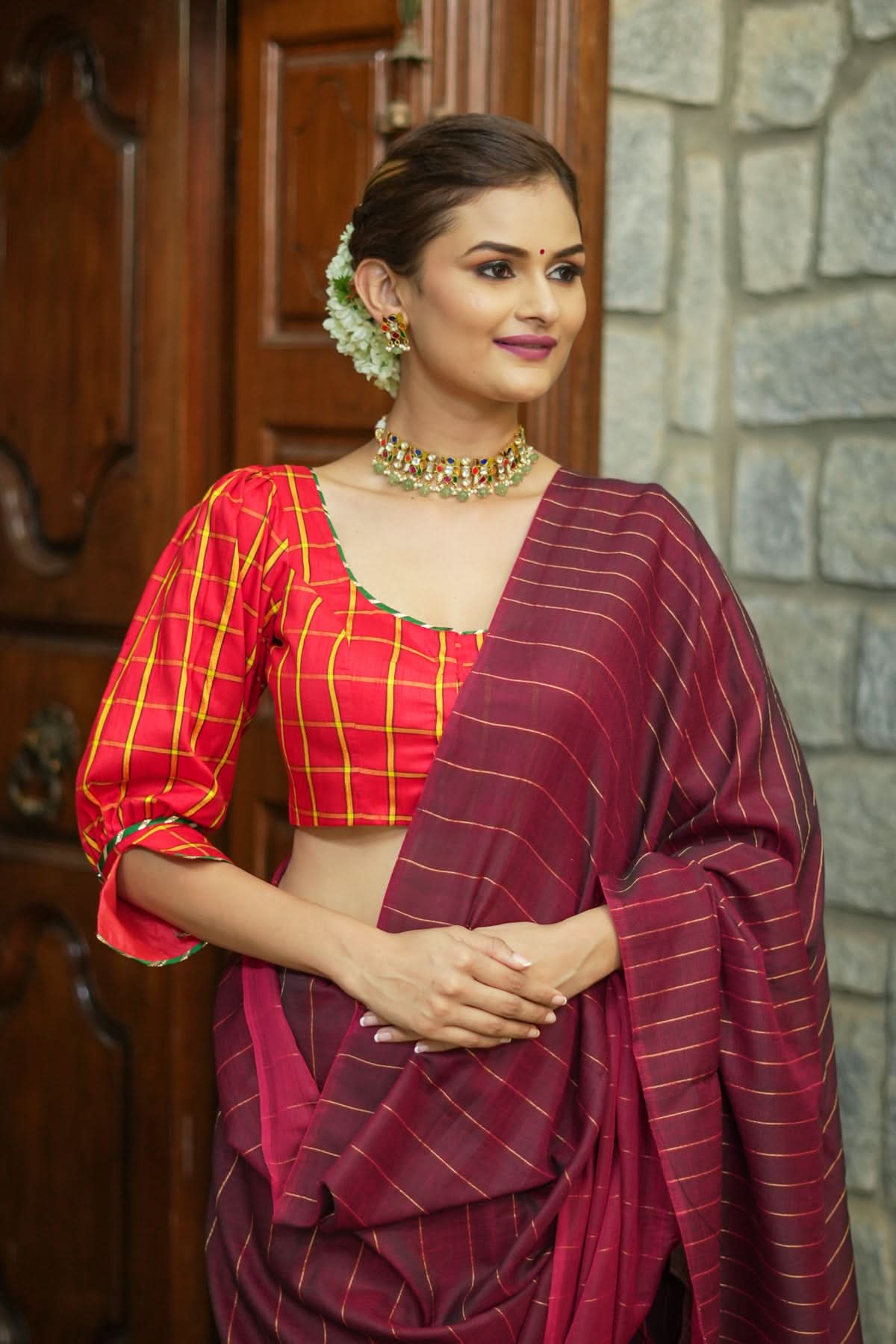Red checked pure rawsilk u neck blouse with puff sleeves | Shobitam