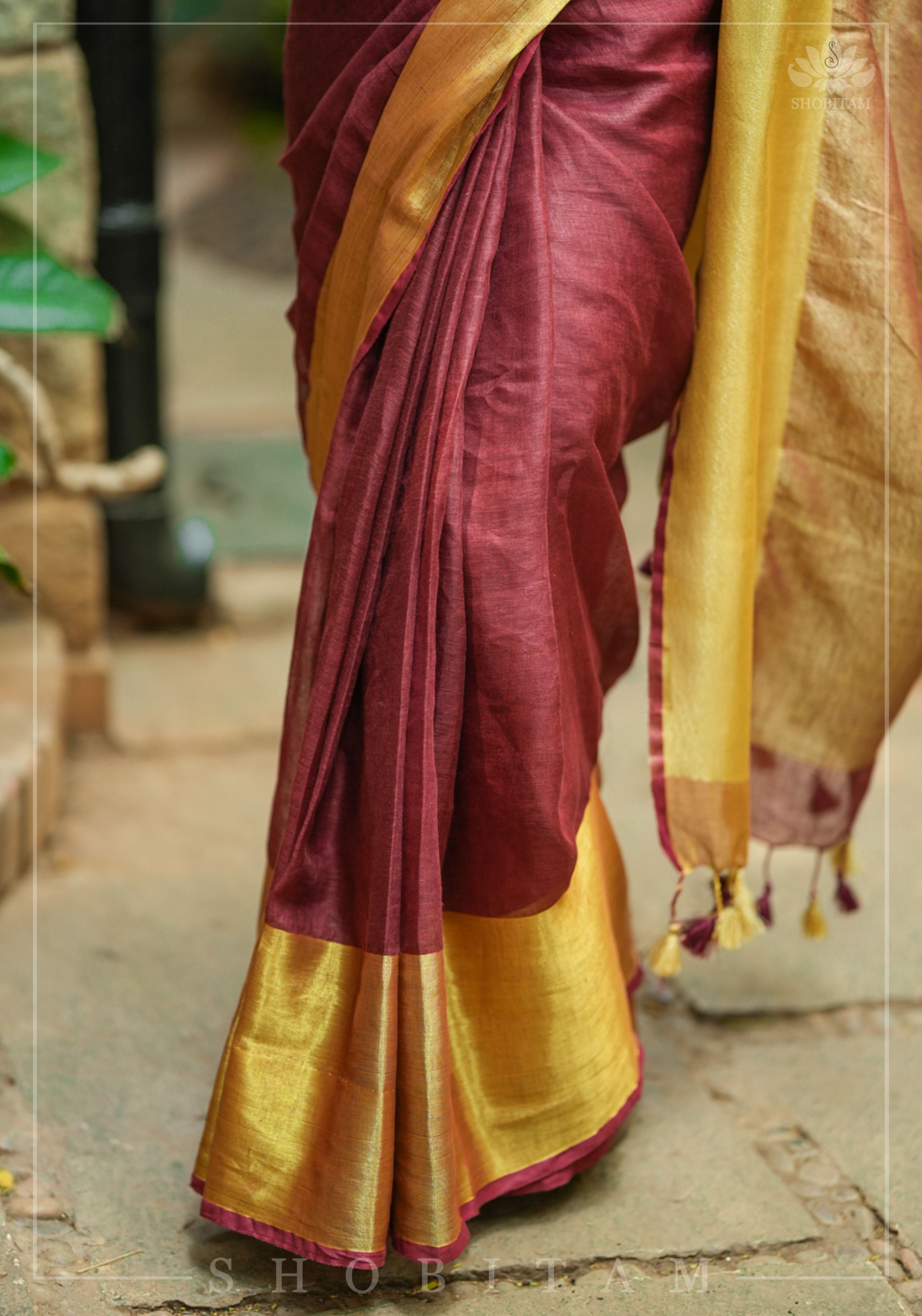 Wide Antique Golden Border Linen by Linen Saree in Maroon | Shobitam